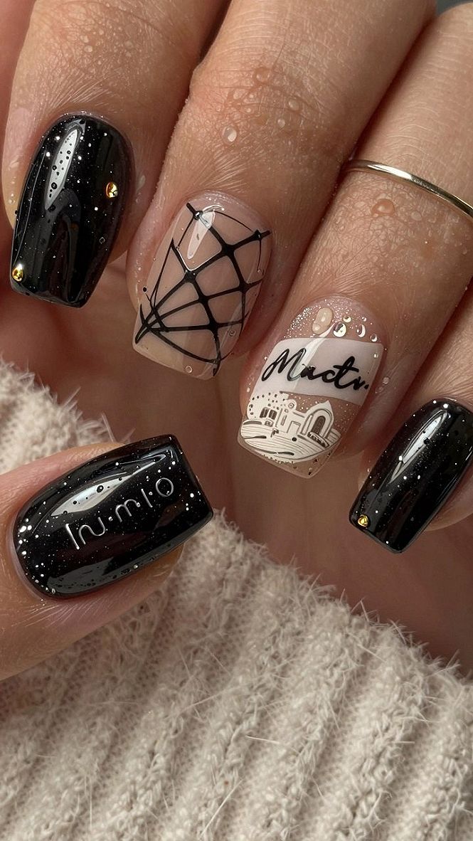 Spooky Black Web and Lettering Nail Art Ideas