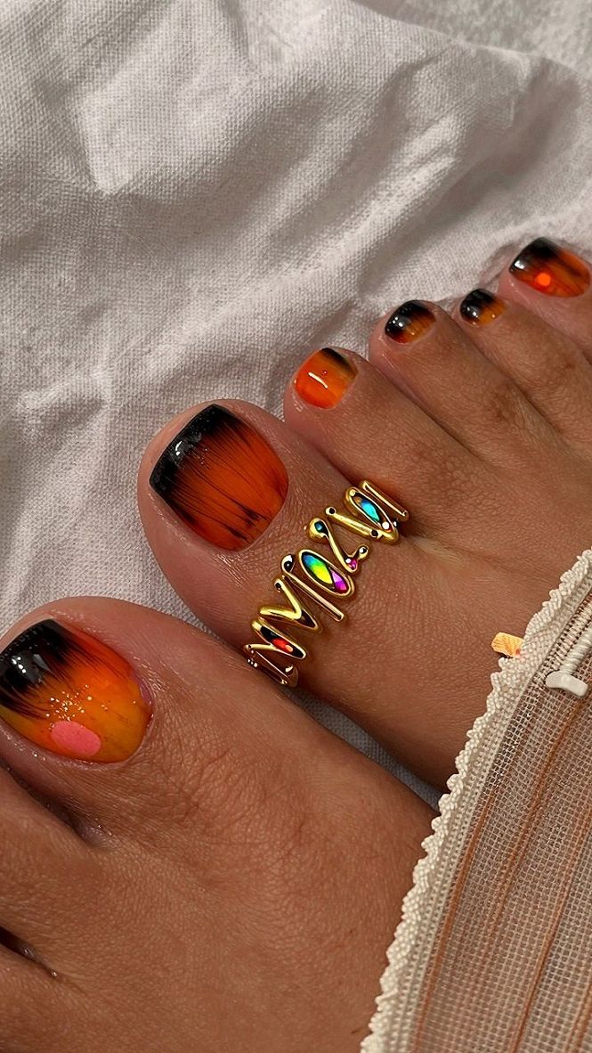 Fiery Gradient Halloween Toe Nails With Smoky Tips
