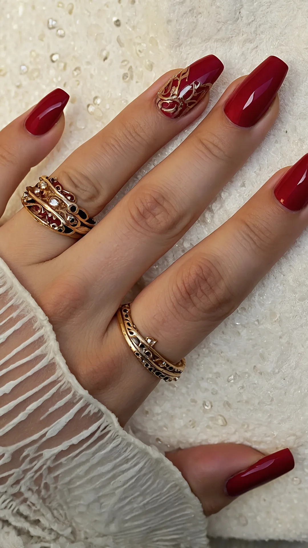 <p>Who knew a simple hand could hold so much sparkle and still scream 'fall chic'? These nails are basically the manicure equivalent of finding the perfect crunchy leaf on a crisp autumn walk – except way more blingy and less likely to get stepped on. That gorgeous neutral polish just whispers 'pumpkin spice latte' while the intricate glitter design shouts, 'I'm ready for all the cozy sweater weather and maybe a fancy hot cocoa date!' You'll be twirling your fingers around, secretly admiring them, probably more than you're paying attention in class. Good luck trying to resist the urge to show off these beauties!</p><p>With nails this fabulous and those seriously sparkly rings, you might accidentally blind someone with your hand gestures! One minute you're just trying to grab your phone, and the next, your fingers are putting on a whole light show. It's like your hands decided to dress up for a fancy fall gala, even if you're just chilling in your coziest sweater, scrolling through TikTok. Prepare for compliments, envious stares, and maybe even questions about where your hand's personal stylist is located. Just try not to get glitter on your textbooks – that would be a true fall-time tragedy!</p>