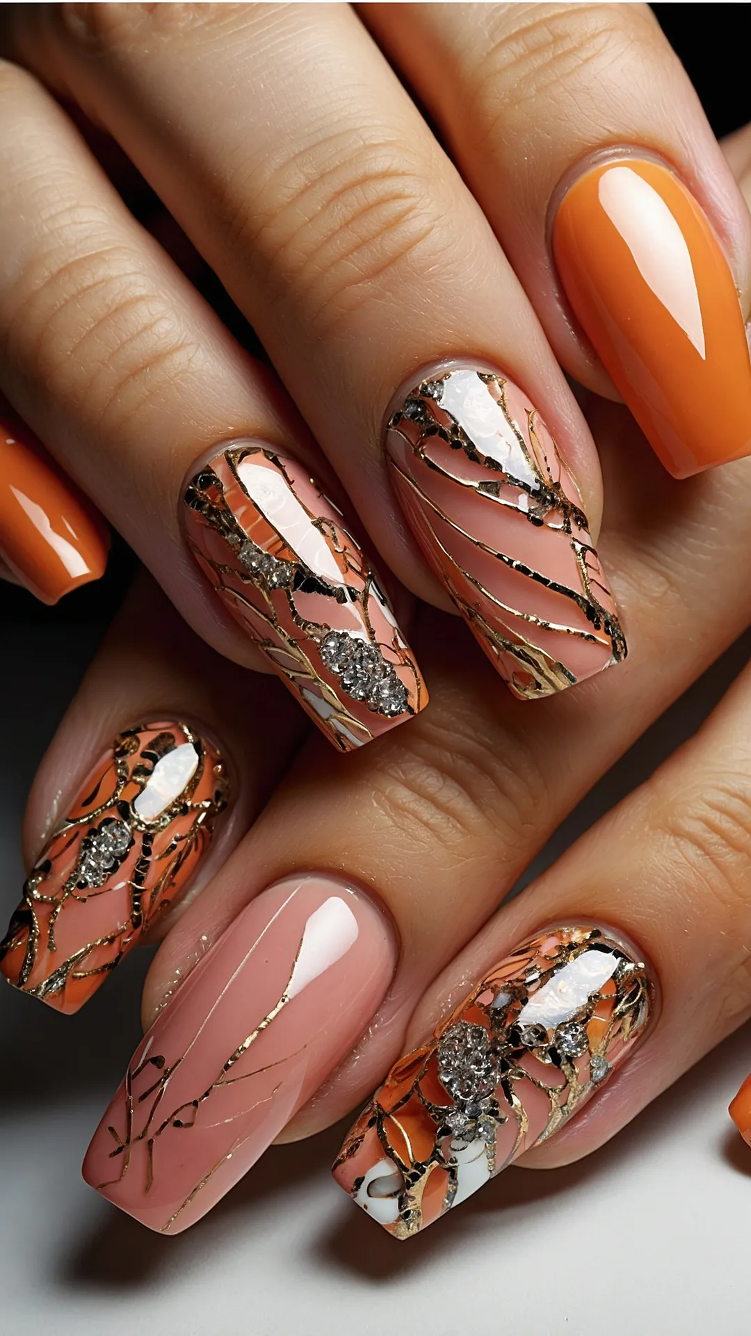 <p>Check out these awesome nails, perfect for when the leaves start changing and the air gets crisp! That super rich, deep red polish looks like a fancy cranberry or a cozy, warm drink – totally autumnal, right? Then you've got those chic nude nails, all decked out with cool gold lines that almost look like fallen leaves or tiny, fancy twigs. They scream 'I’m ready for hot chocolate and sweater weather, but also to totally crush my next presentation.' These 'fall nails' are definitely stepping up the game from just basic pumpkin spice everything.</p><p>These aren't just any fall nails; they're the kind that practically demand a photoshoot with a chunky knit sweater and a latte. The gold swirling lines on the nude nails are like tiny pieces of abstract art, making your hands look extra fancy without even trying too hard. You could totally pretend these are your 'I'm too busy being fabulous to do chores' nails. Just remember, while they look amazing for holding hands with your bestie or texting rapidly, they might not be super practical for, say, a competitive game of dodgeball. But hey, who needs to catch a ball when your 'fall nails' are already winning?</p>