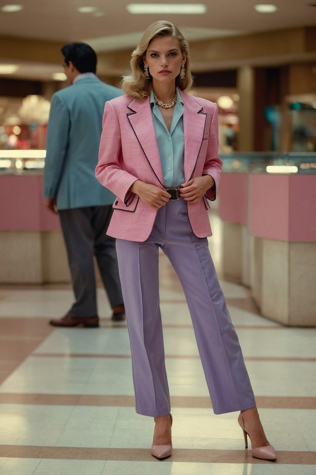 Blush-pink tailoring and lavender trousers in a warm mall corridor