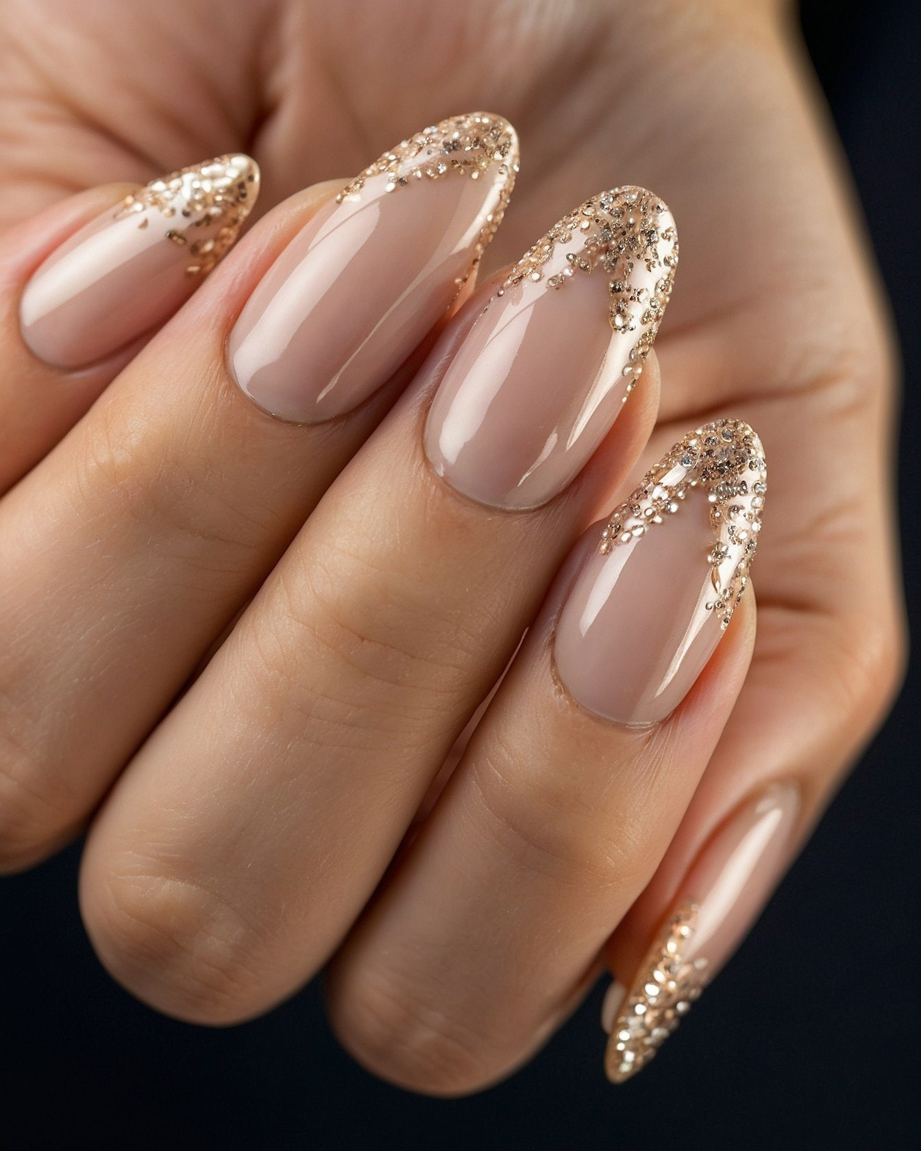 Soft sheen of sheer polish on almond tips