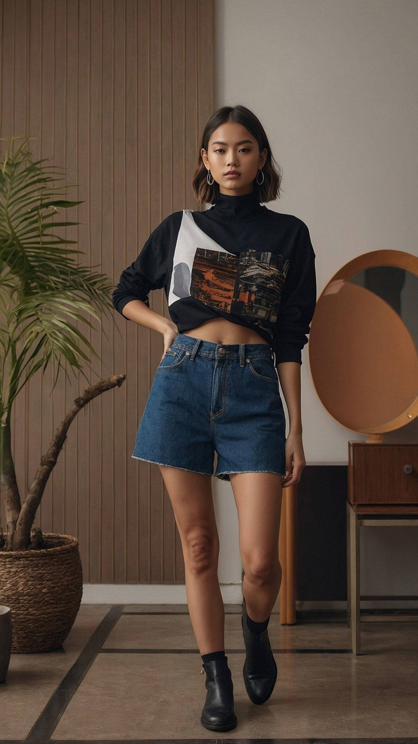 Black turtleneck and denim cutoffs against warm walnut-brown panels