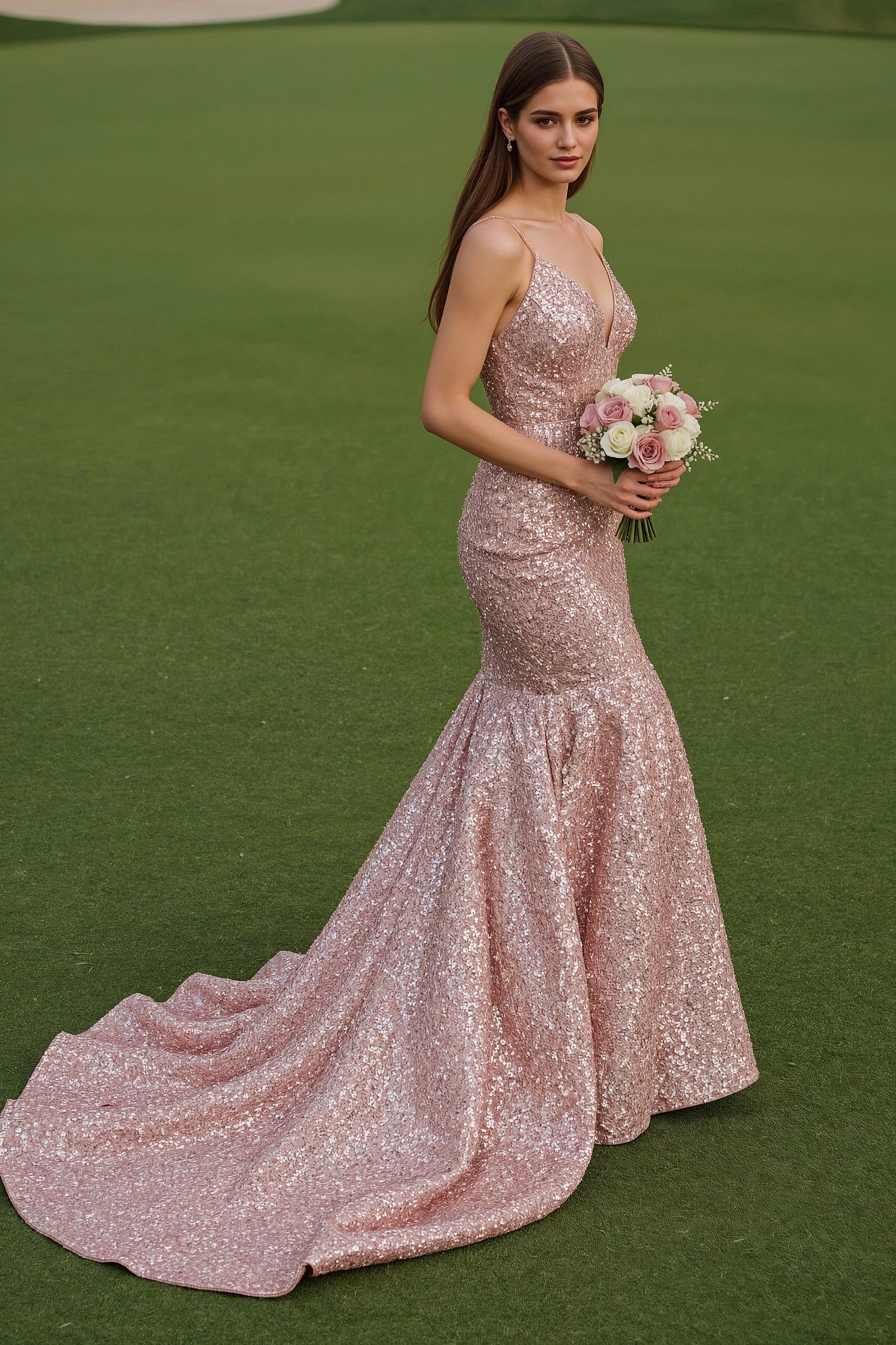 Rose Gold Sequin Gown Cascading Over Green Grass