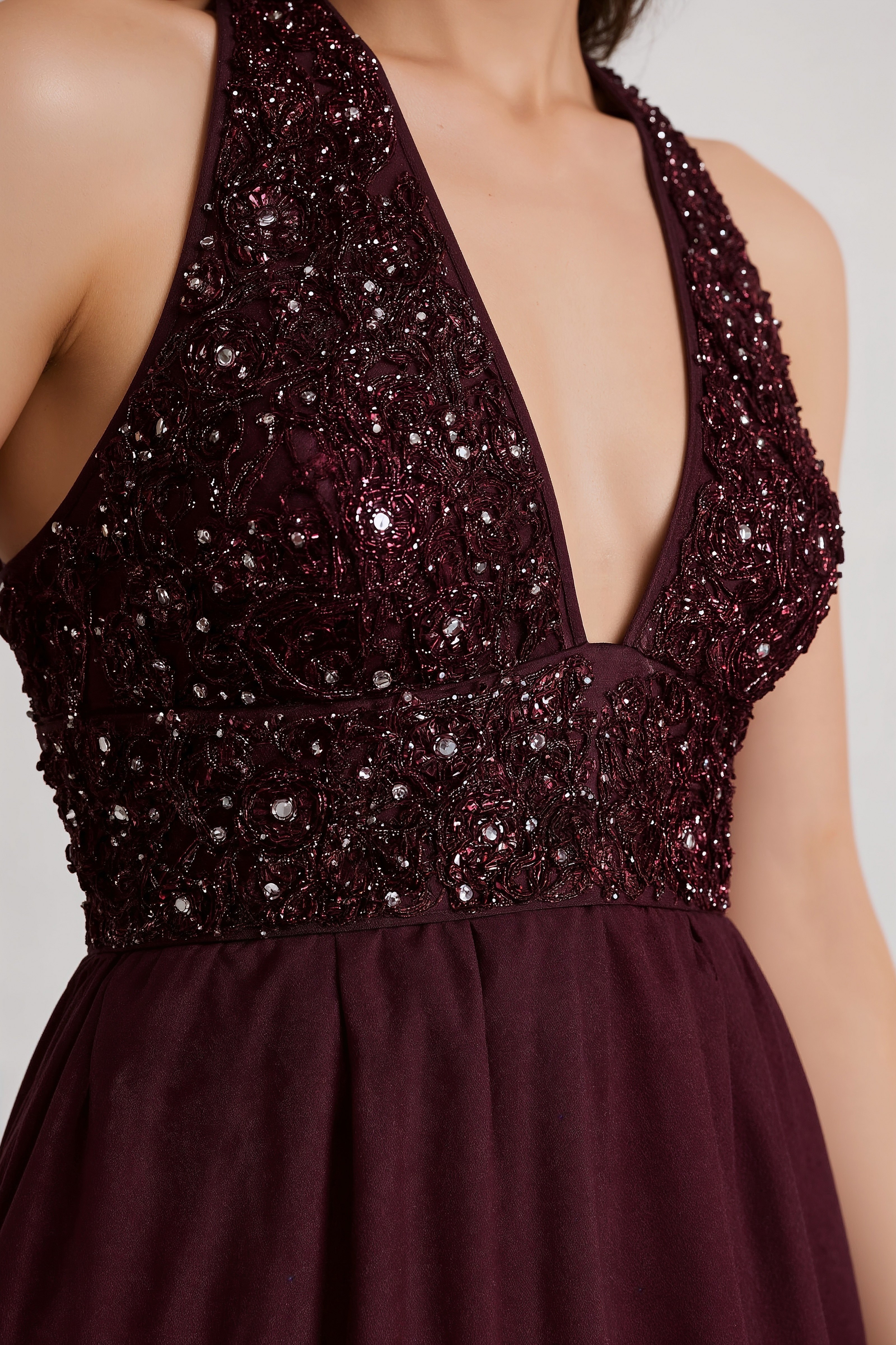 Beaded Bodice on Plum Halter Gown Detail
