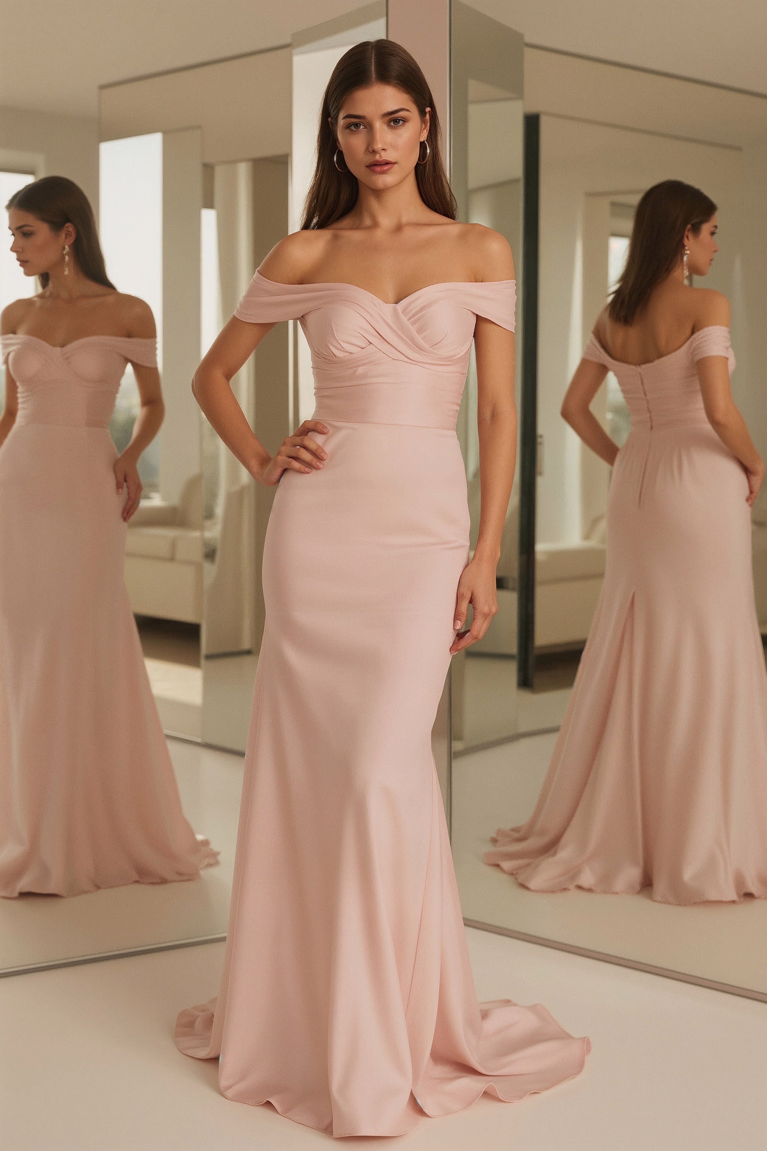 Soft Pink Off-the-Shoulder Gown in Natural Light
