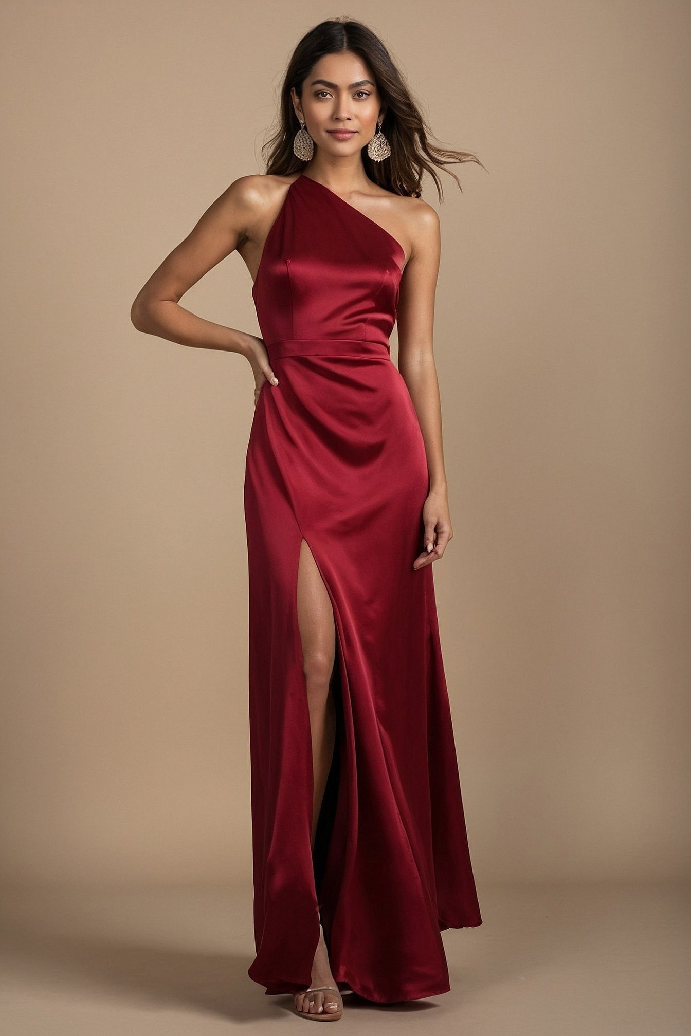 Deep Red Satin Cascades Over One Shoulder