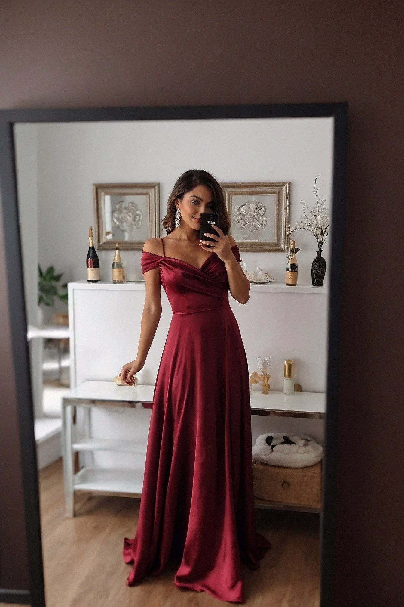 Draping wine-red satin catches the light