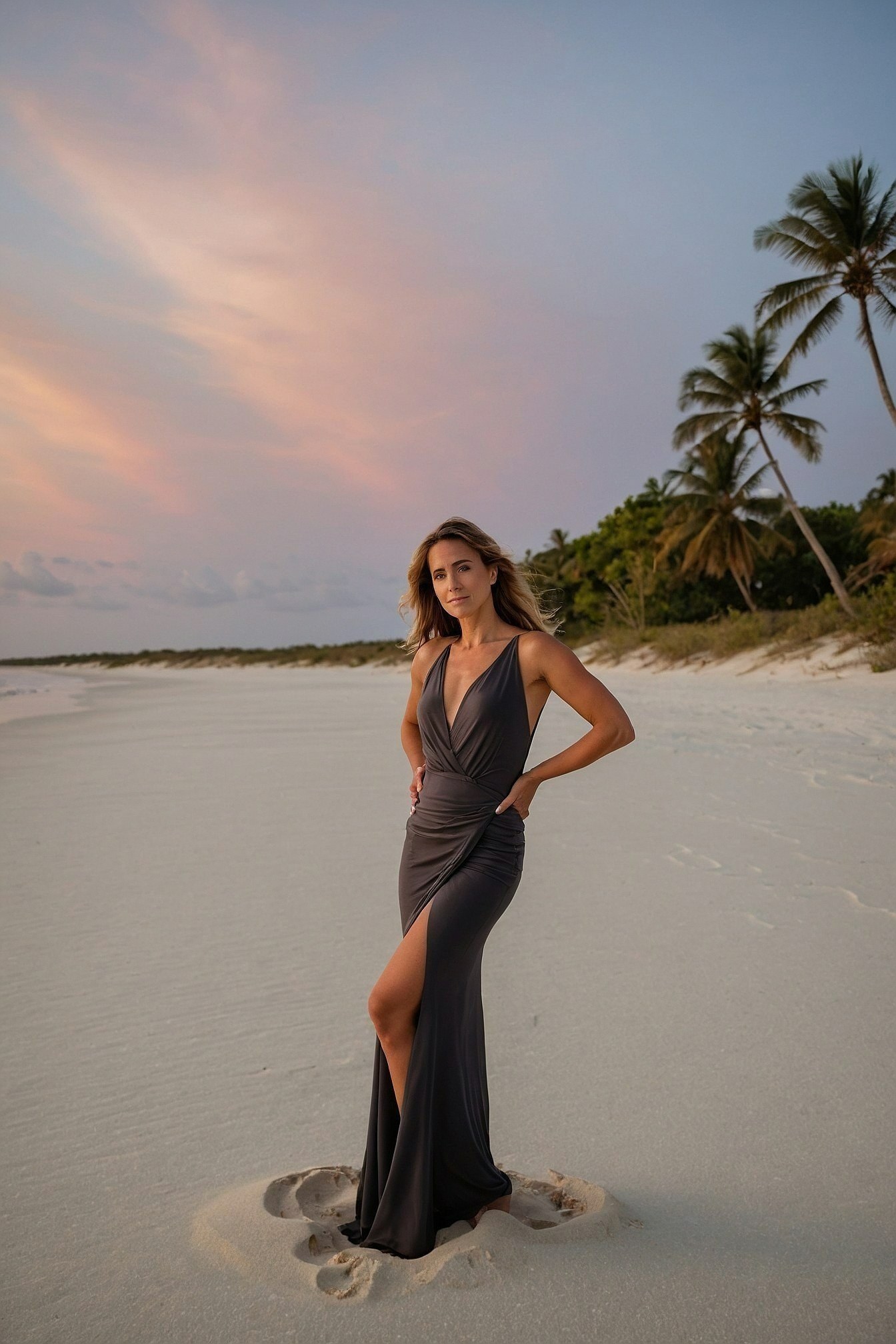Draped Charcoal Gown on a Sandy Shore