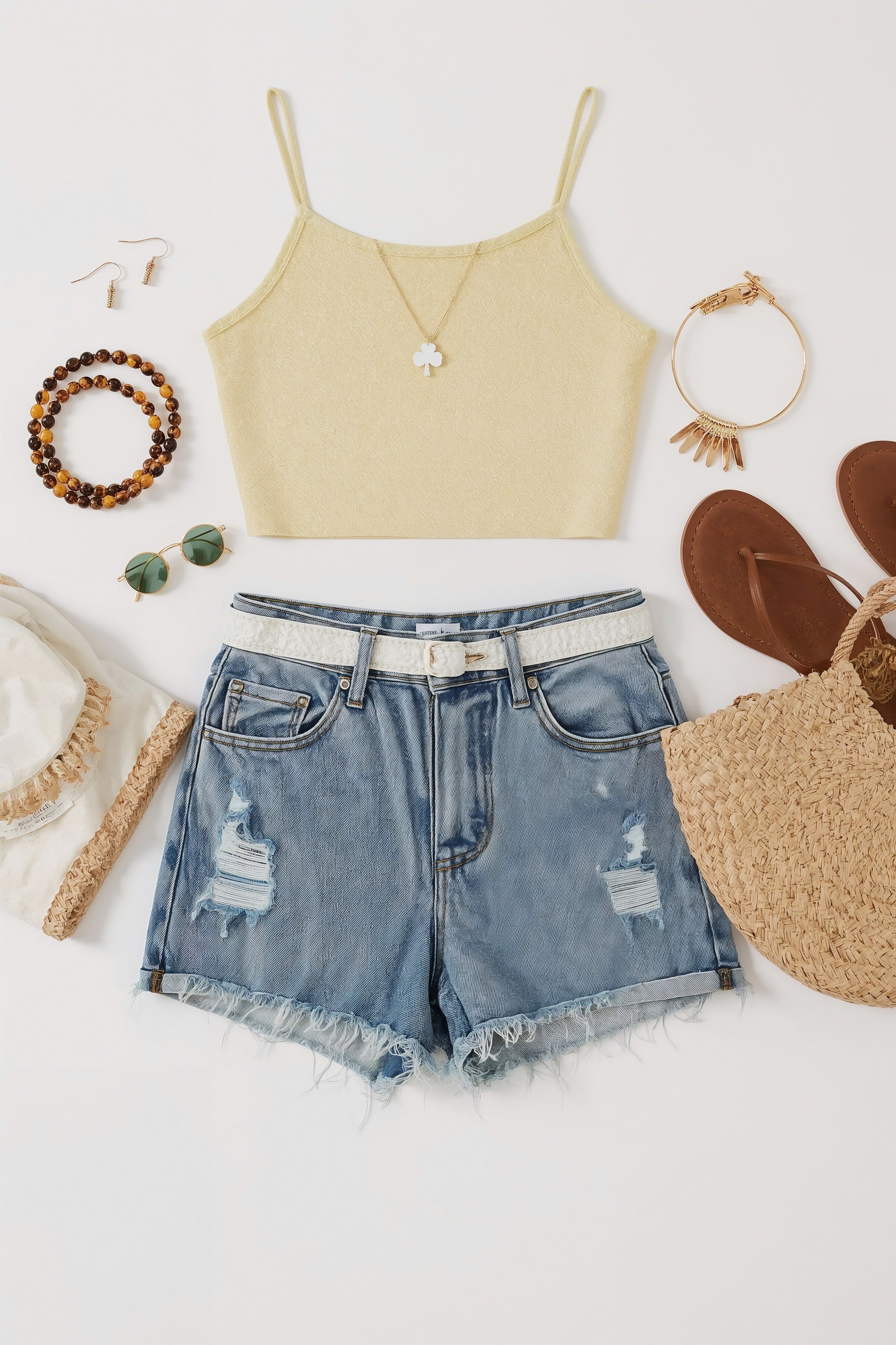 Soft Yellow Knit Top & Distressed Denim Shorts Combo