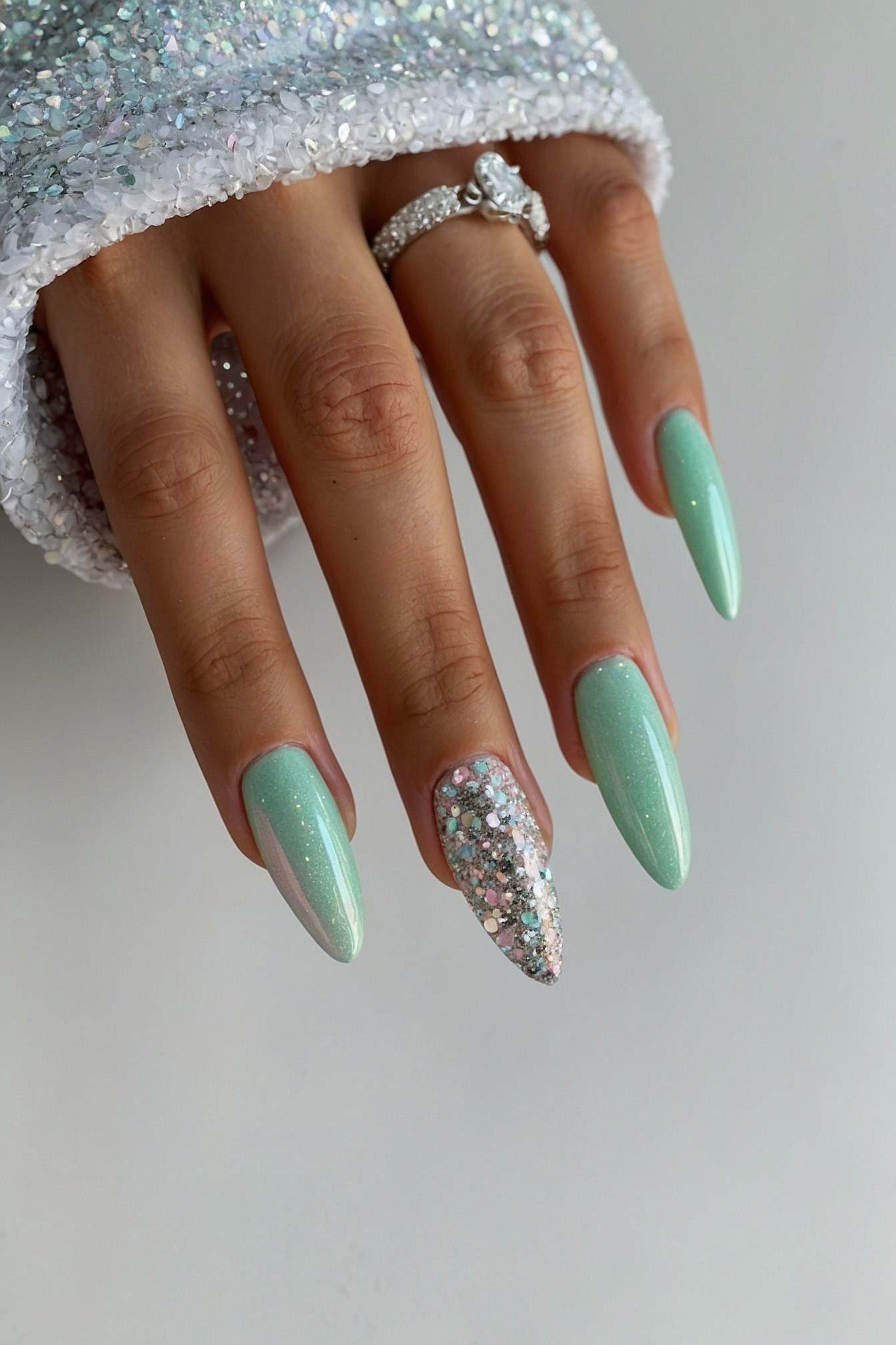 Minty Shimmer and Crystal Accent Nails
