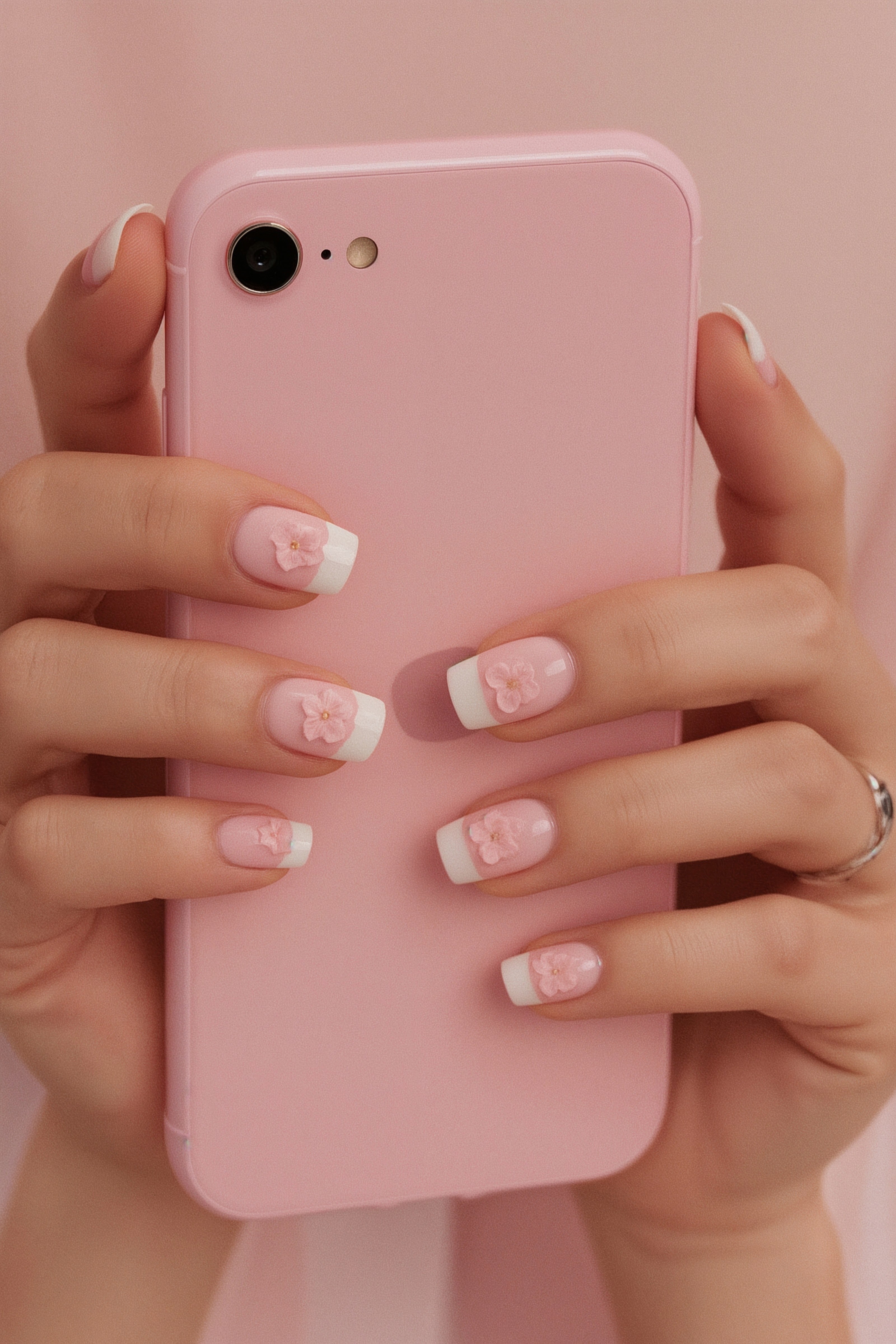 Pretty Pink Phone Paired with Floral French Tips