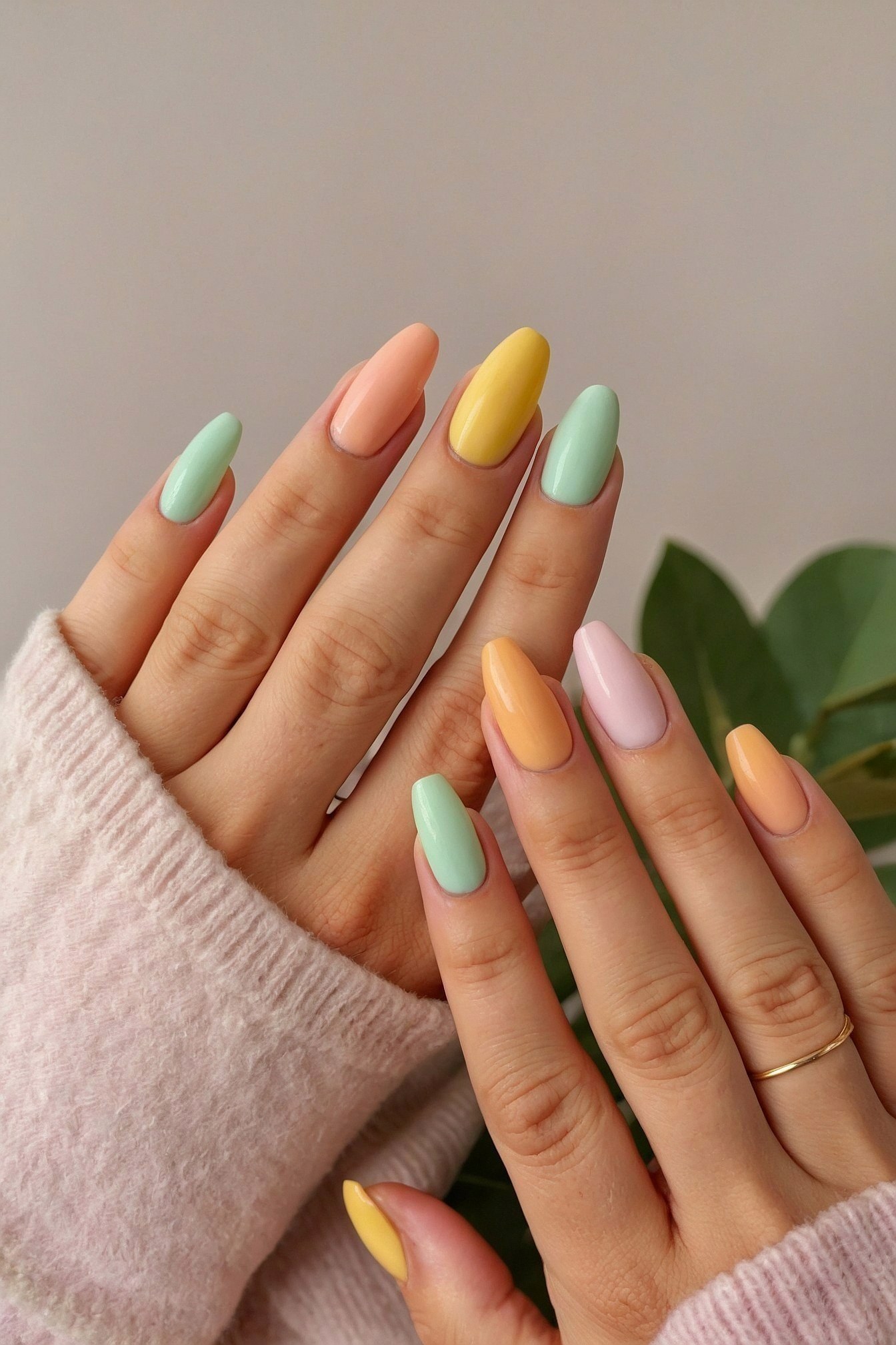 Close-up of Almond-Shaped Pastel Nails