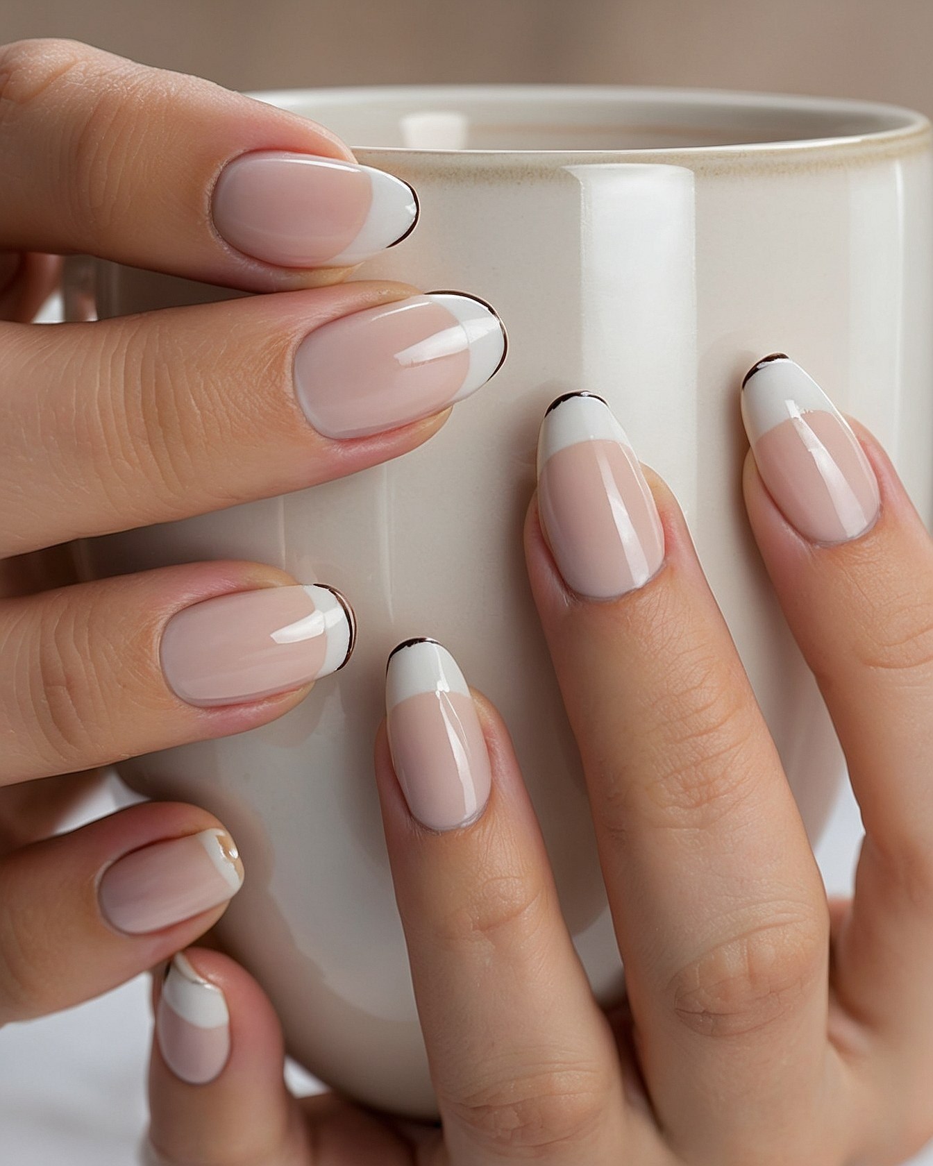 Close-up on delicate latte-colored almond nails