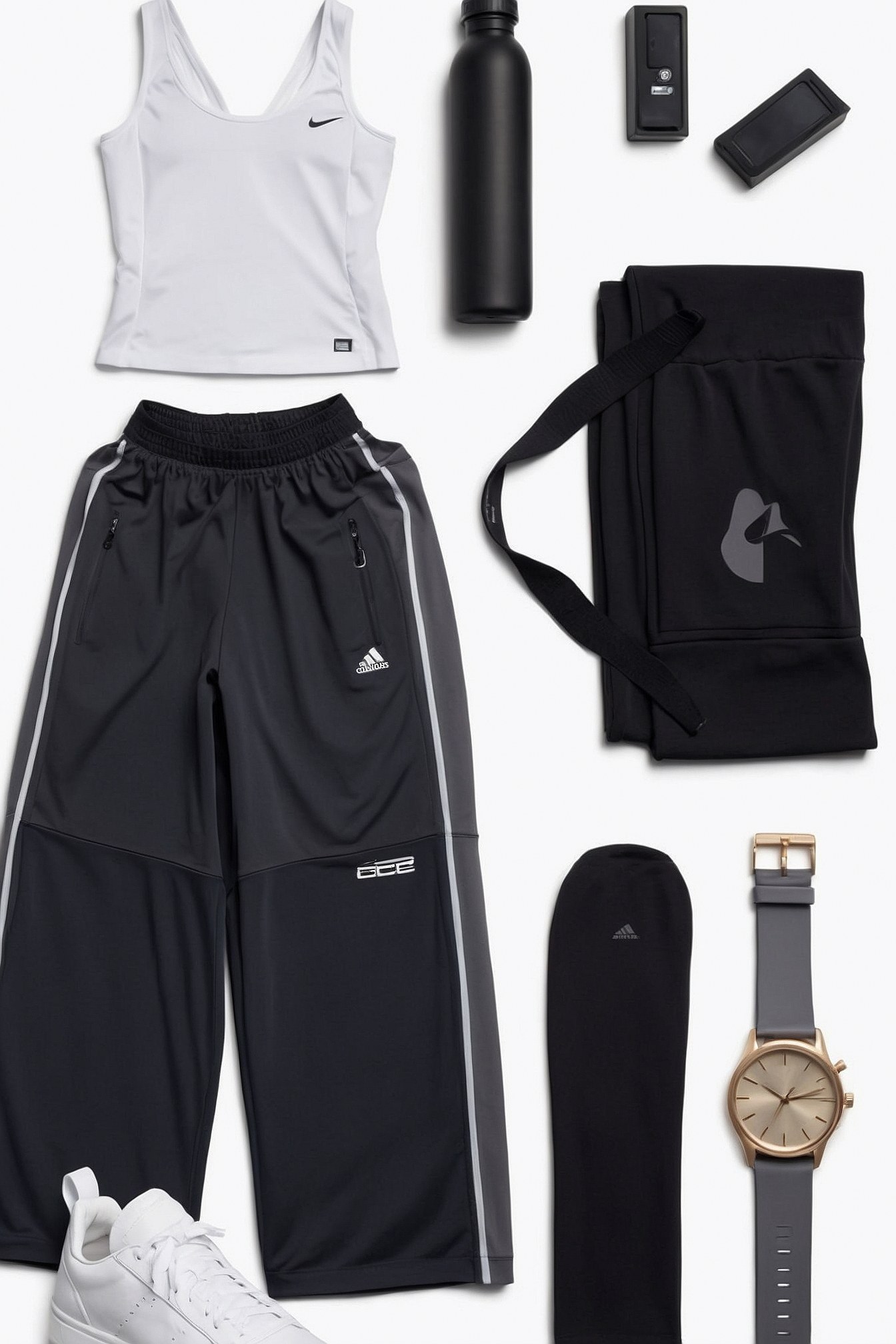 Wide-leg athletic pants and crisp white tank