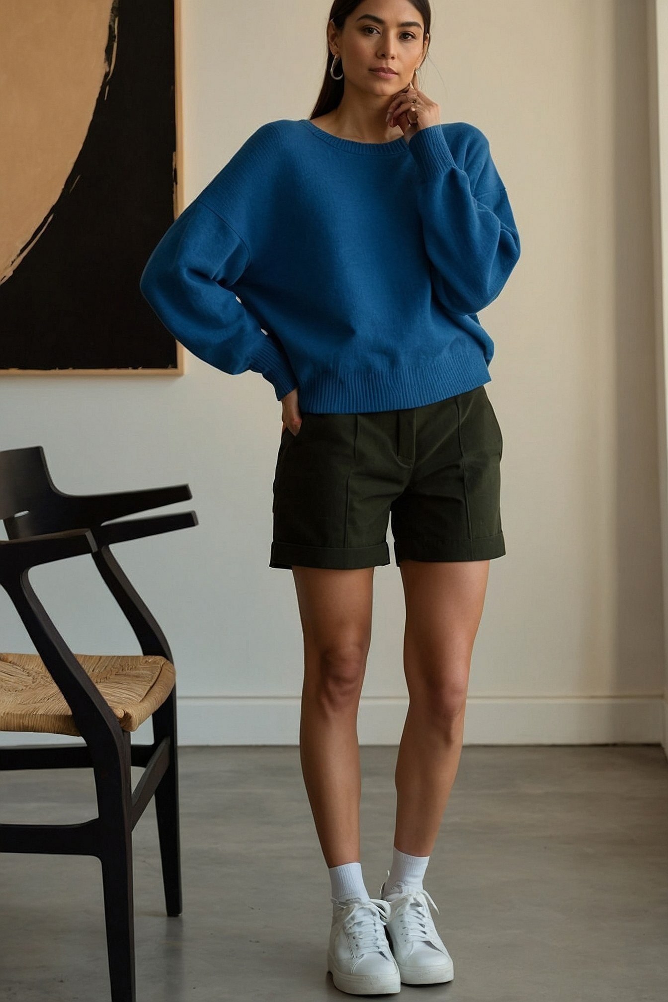 Plush Sweater and Twill Shorts Texture Play