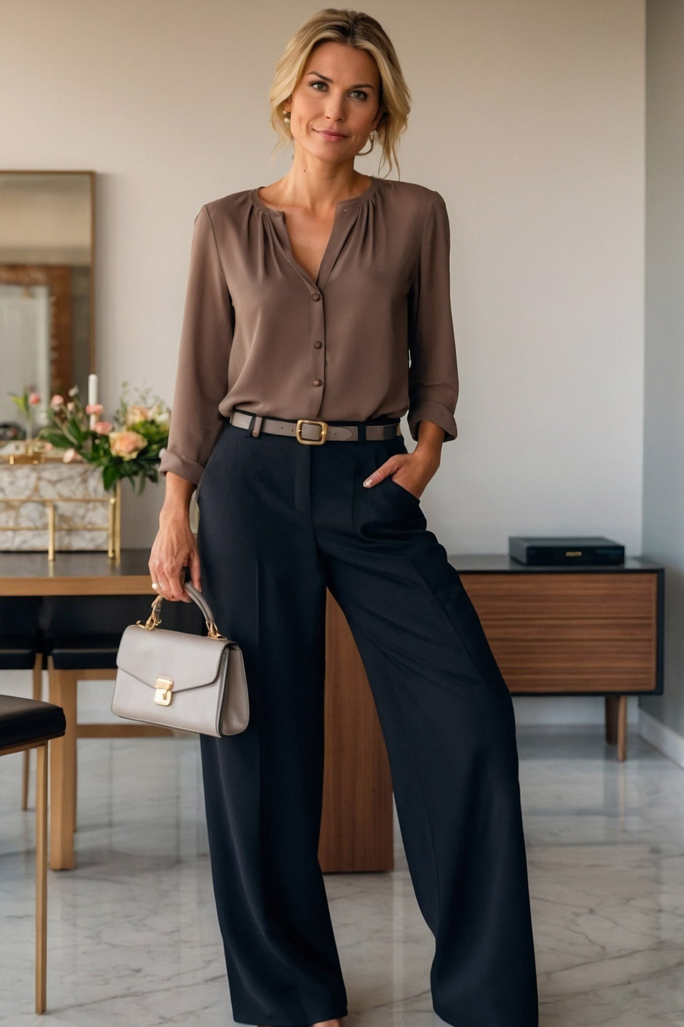 Flowing Taupe Blouse with Wide-Leg Trousers