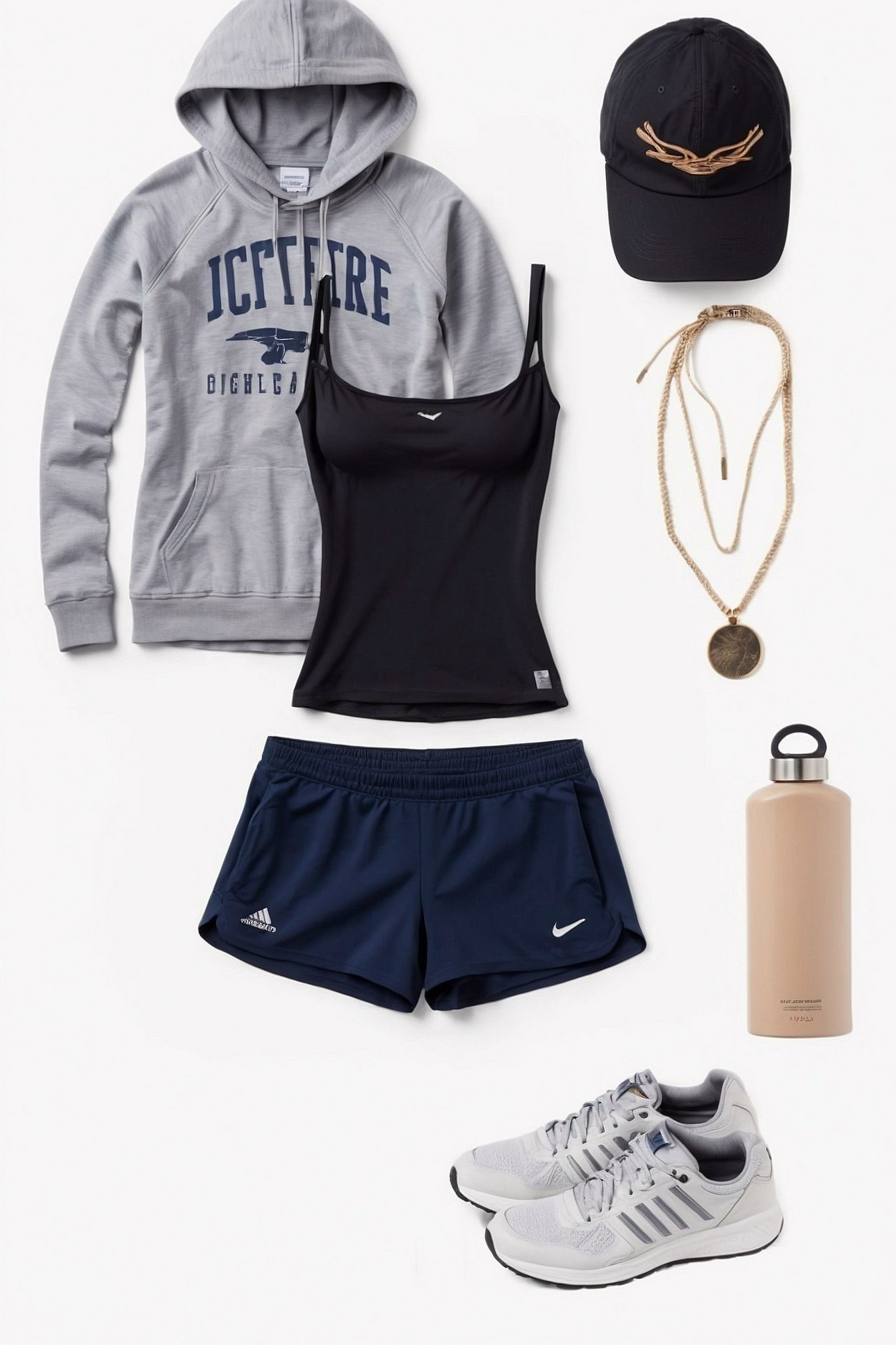 A cozy grey hoodie with athletic shorts and sneakers