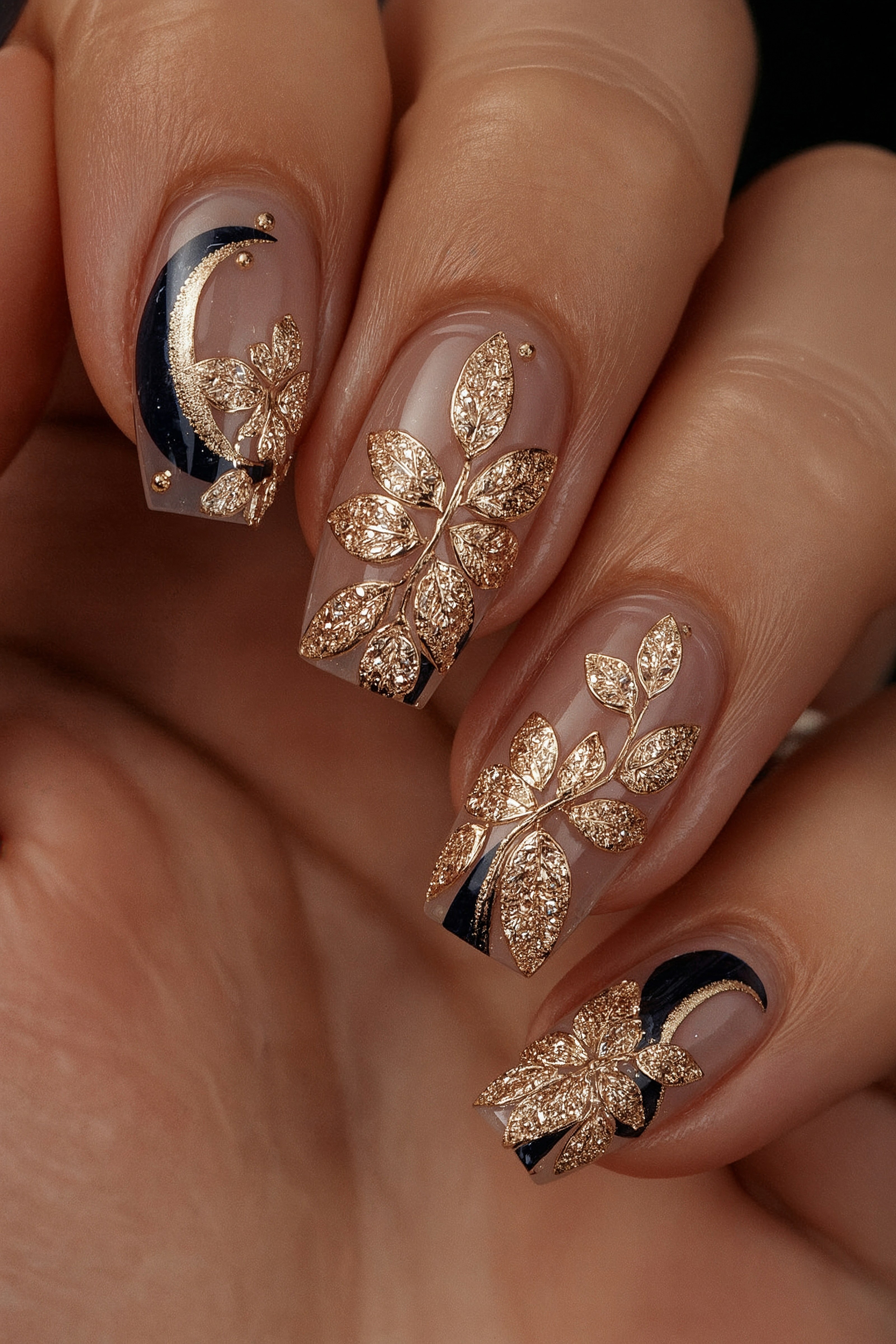 Gilded branches accent navy crescent moons