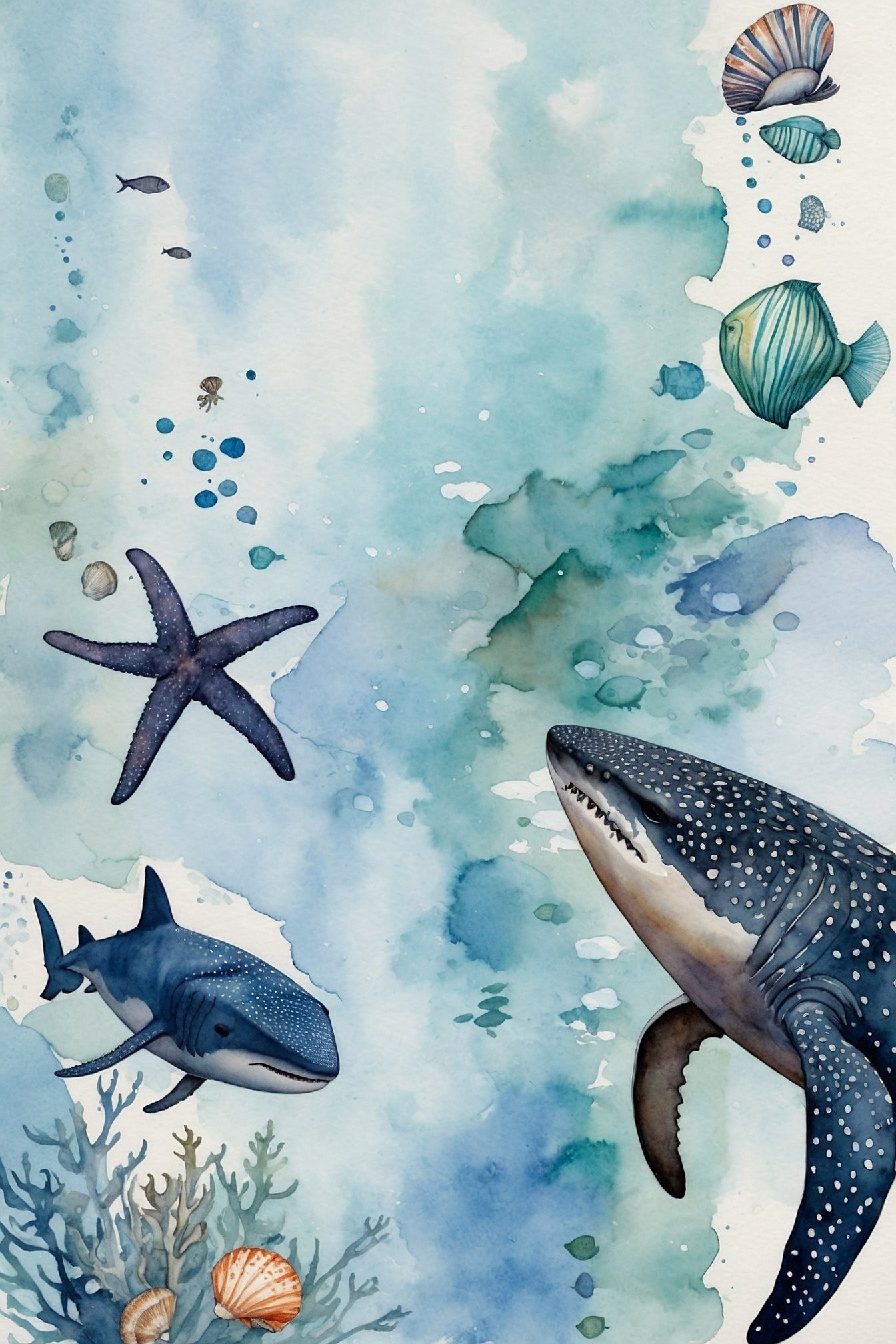 Watercolor Ocean Depth with Sharks and Starfish