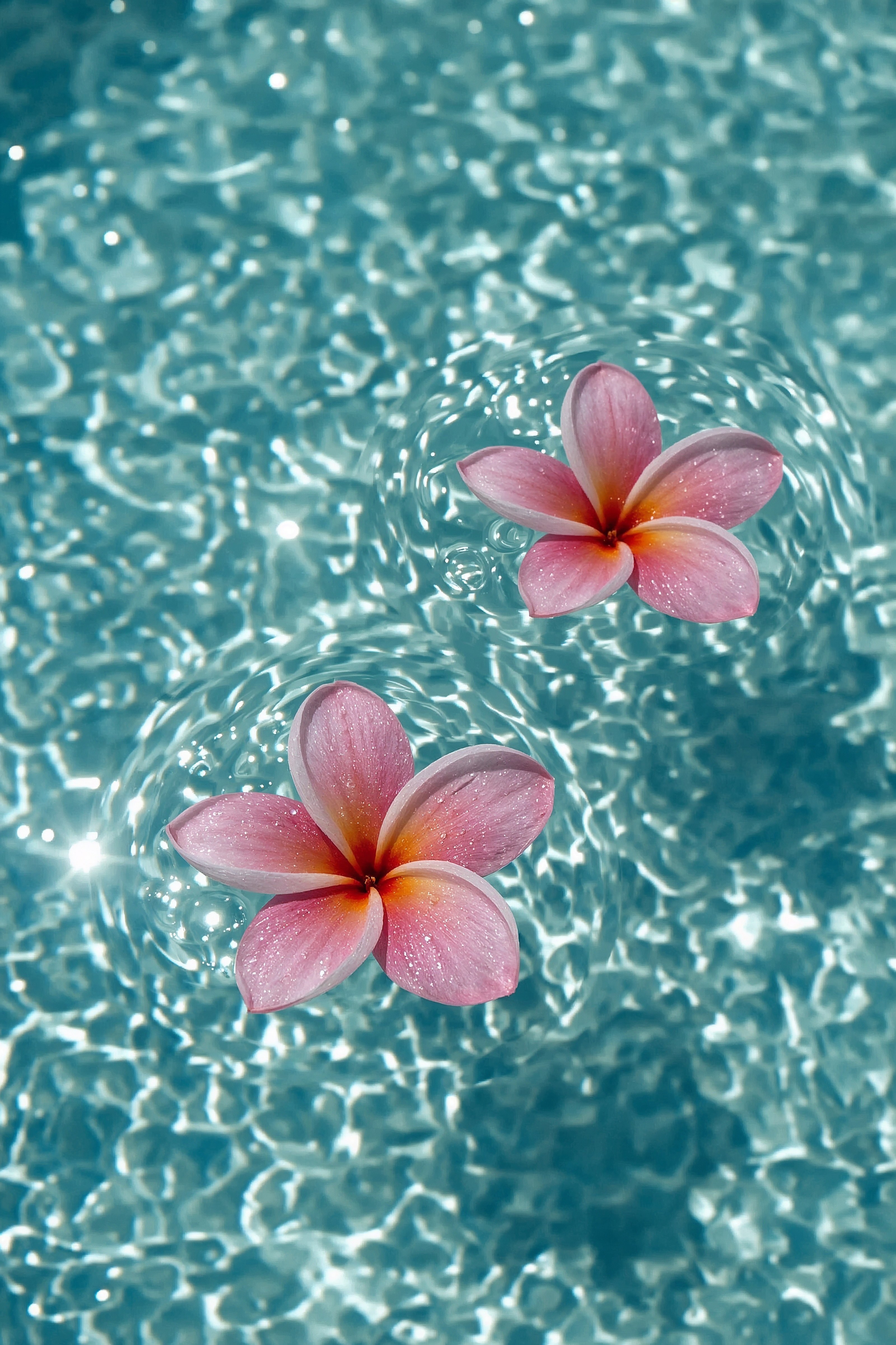 Two pink plumeria blooms on rippling blue water