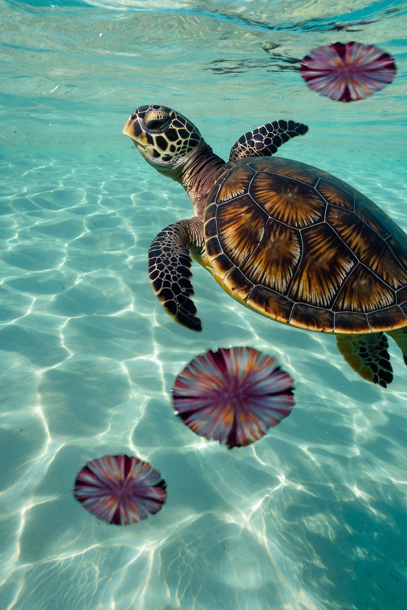 Aquatic Wonder: Turtle and Sea Urchins in Clear Water