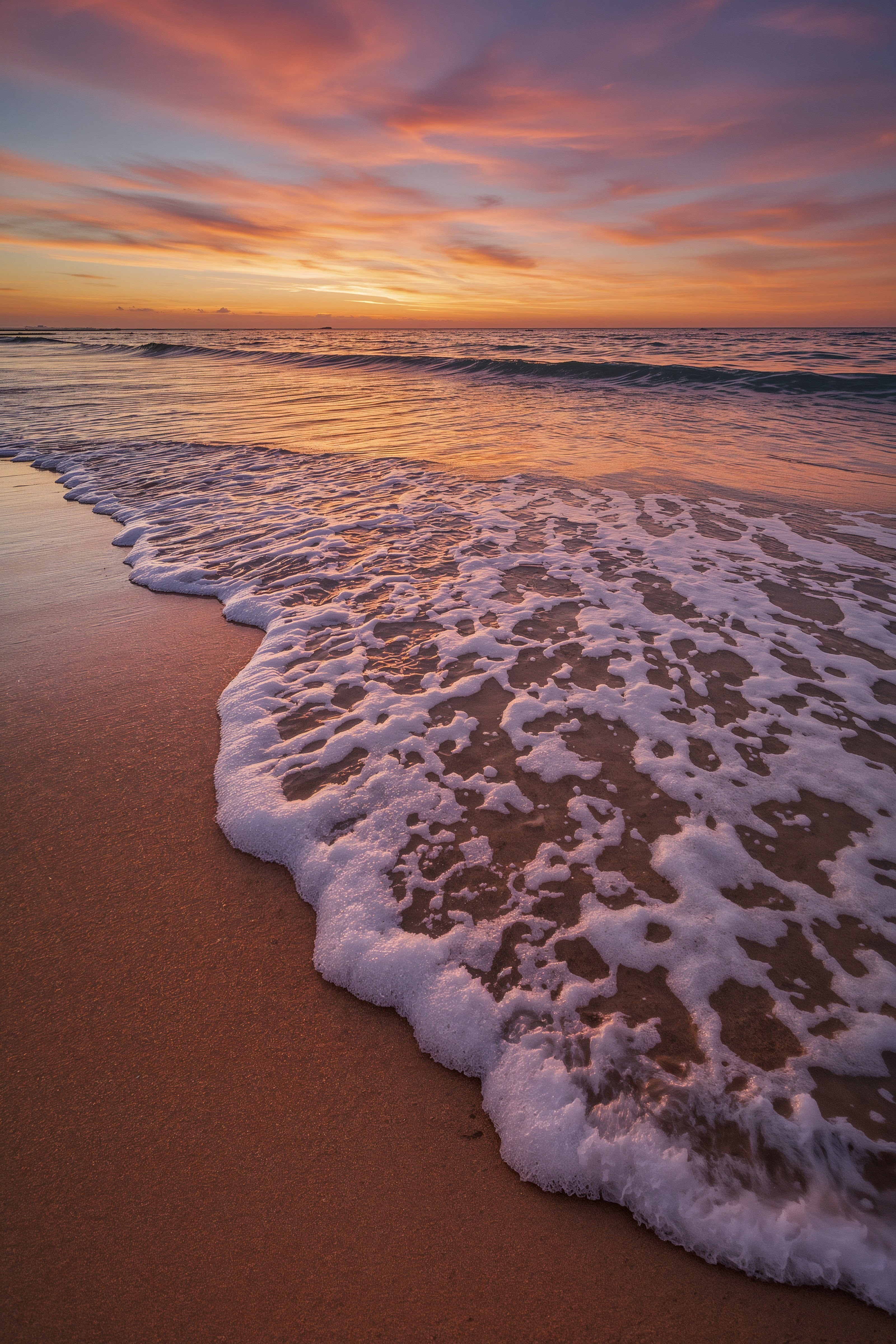 Soft foam meets warm sand at twilight