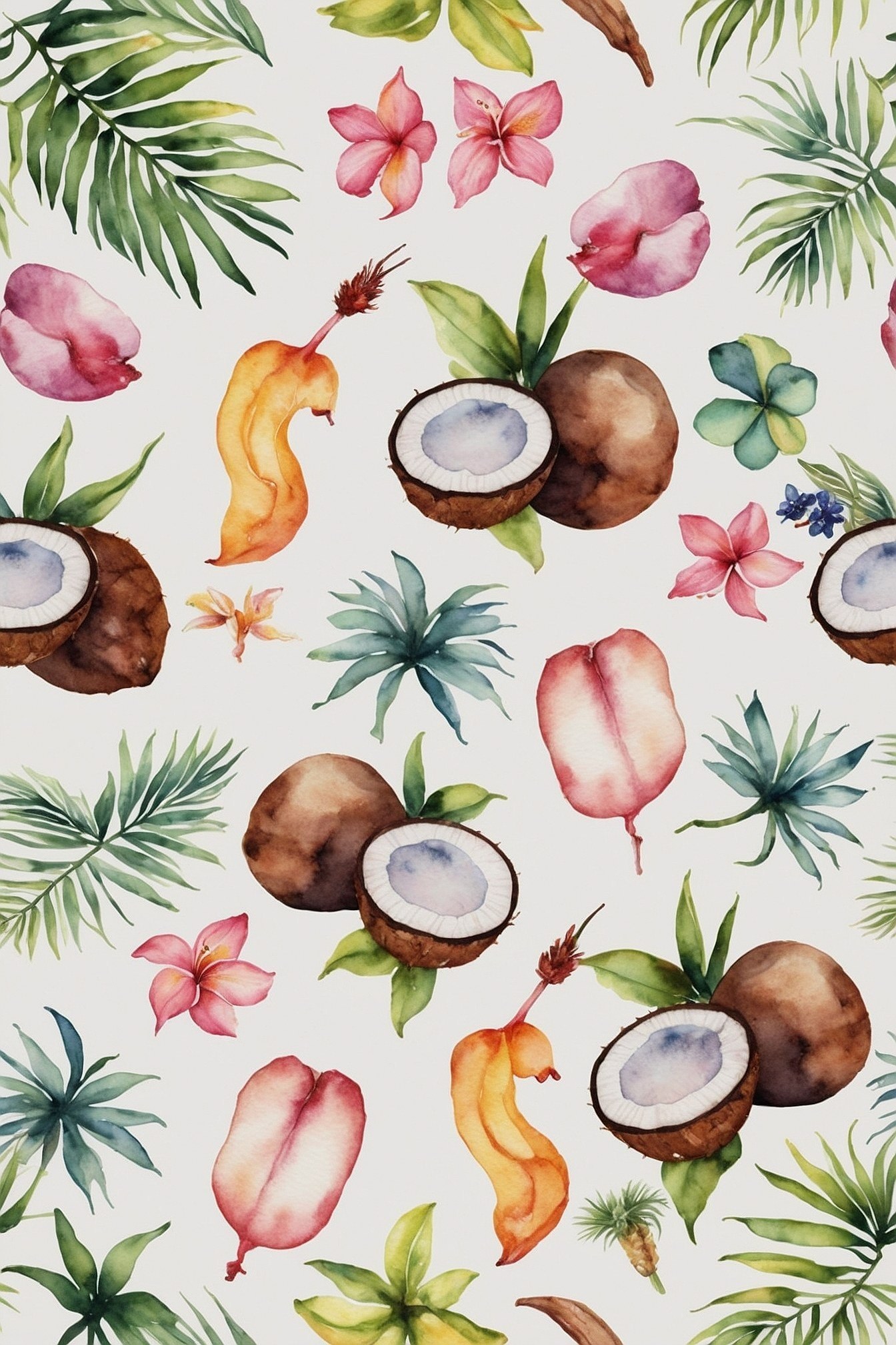 Watercolor Blooms and Coconuts Against a Soft Background