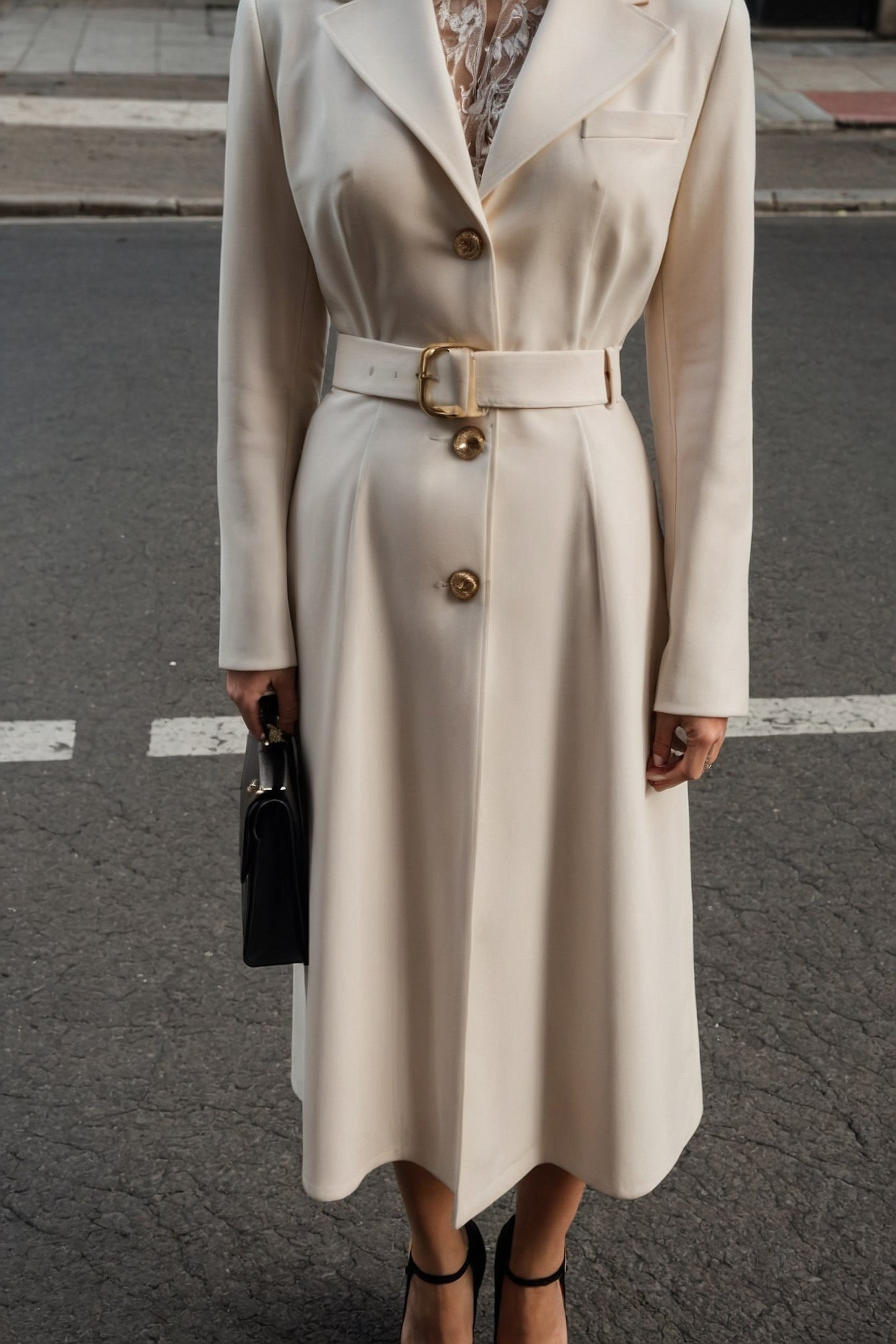 Cream Trench Dress Cinched with Gold Buckle
