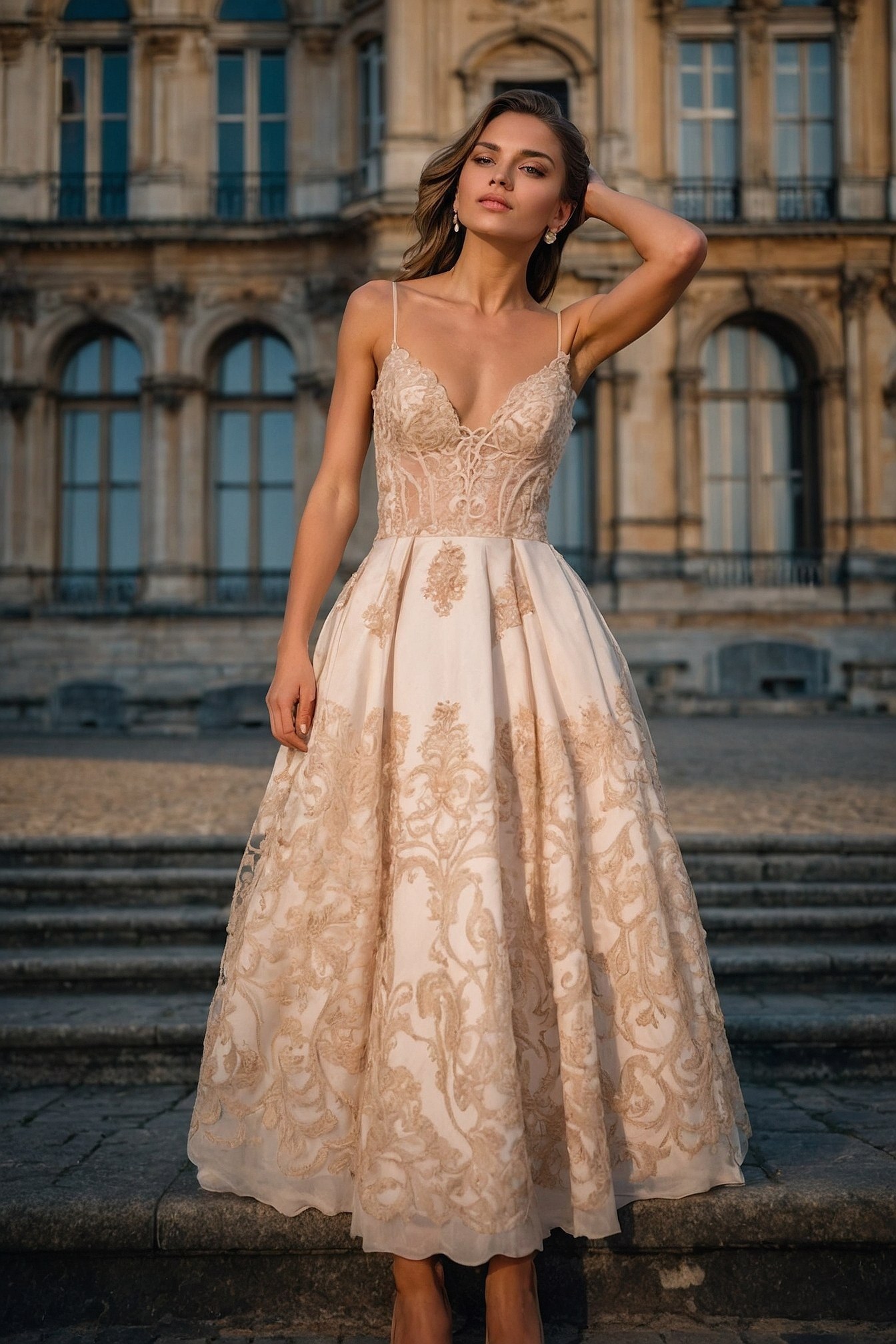 A gown's intricate lace bodice catches the light