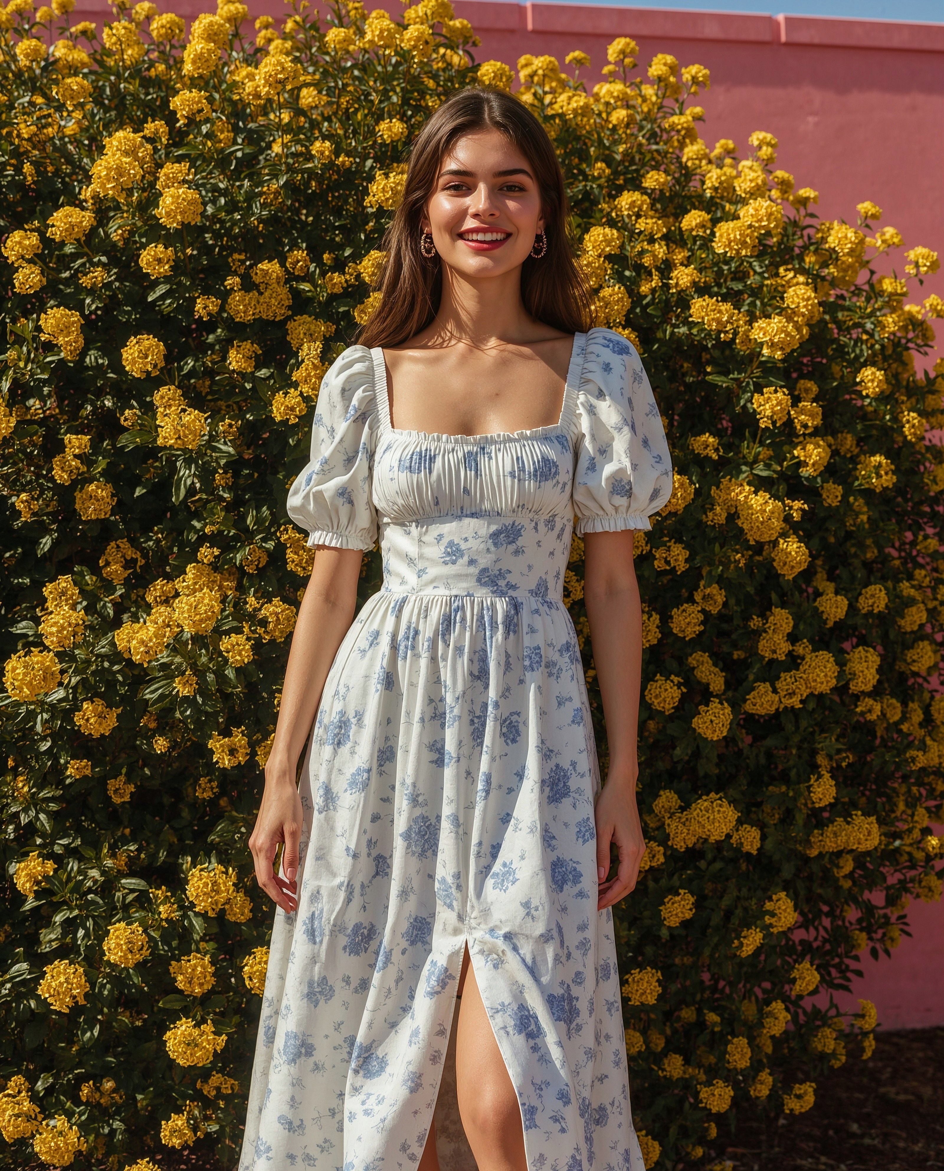 Soft floral print against a wall of golden yellow blooms