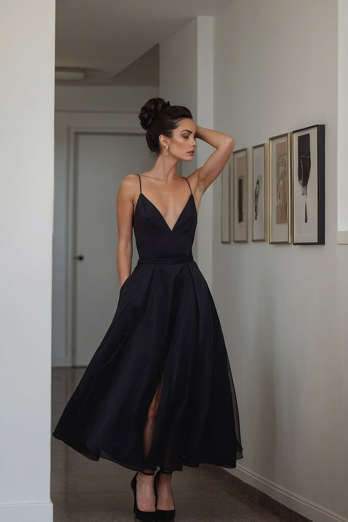 A flowing black gown with a plunging neckline