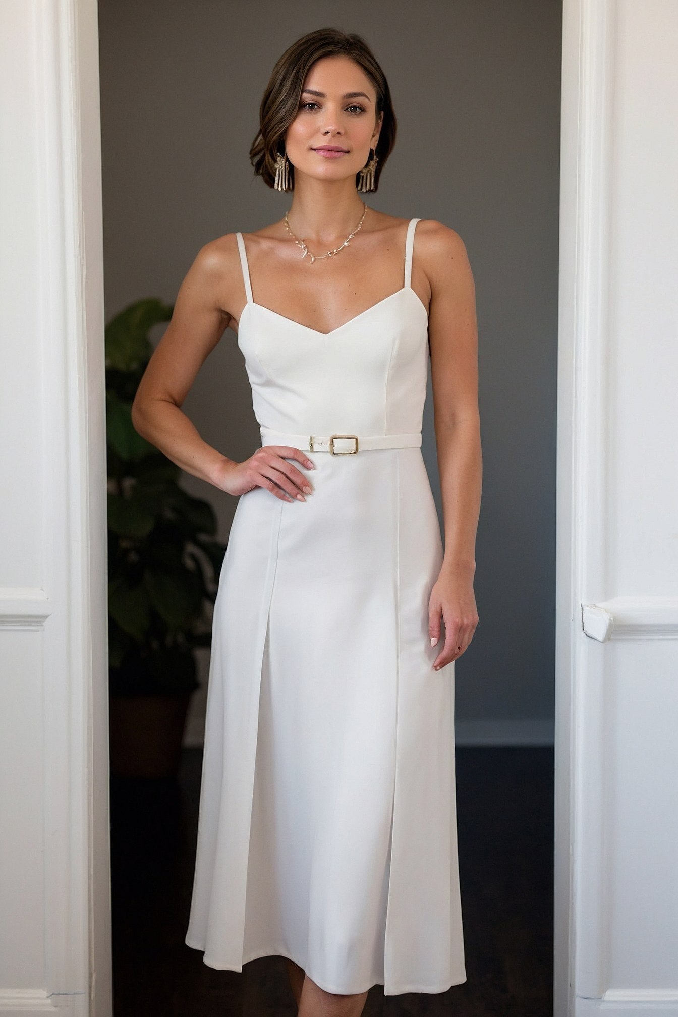 White Midi Dress with Delicate Straps and Belt