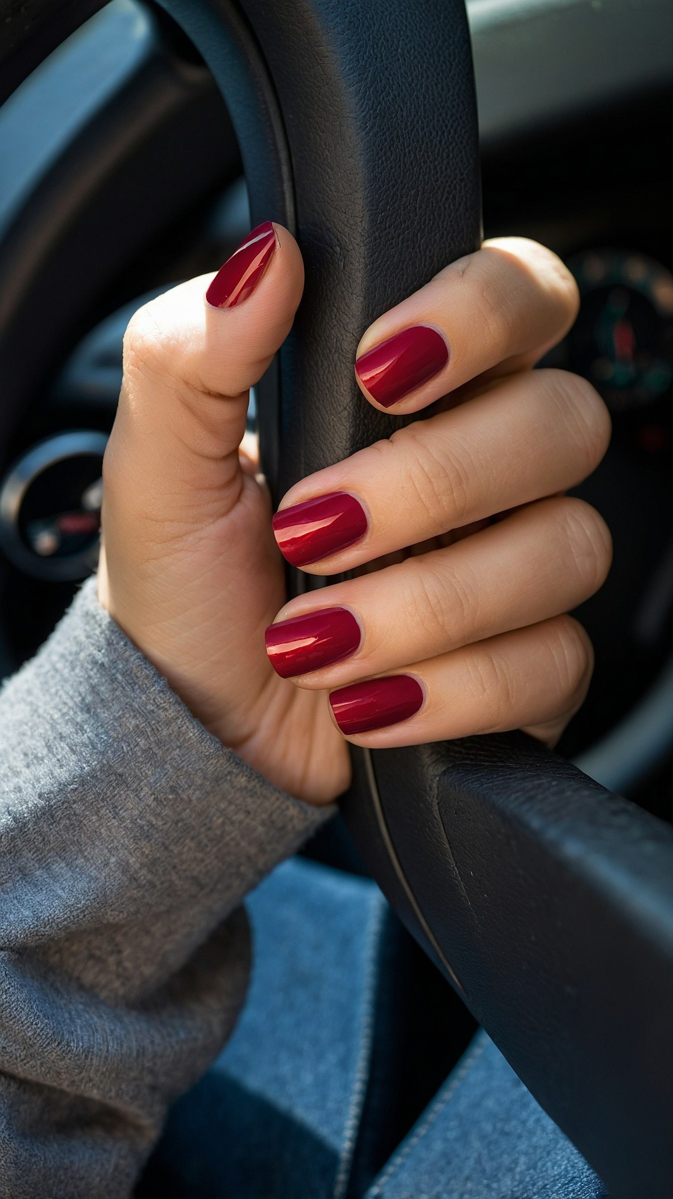 Glossy berry red nails on a steering wheel