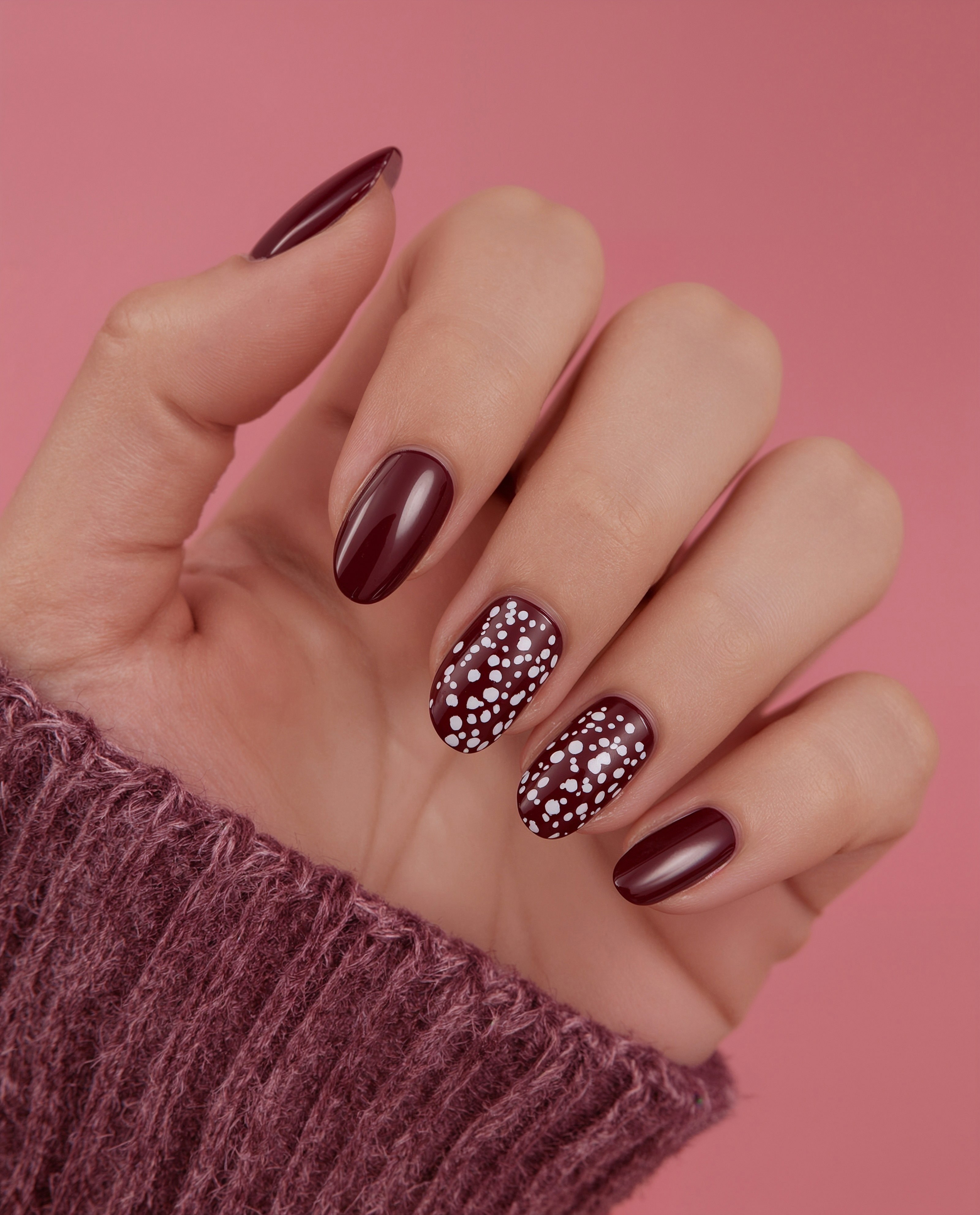 Rich Burgundy and White Polka Dot Nails Close-Up