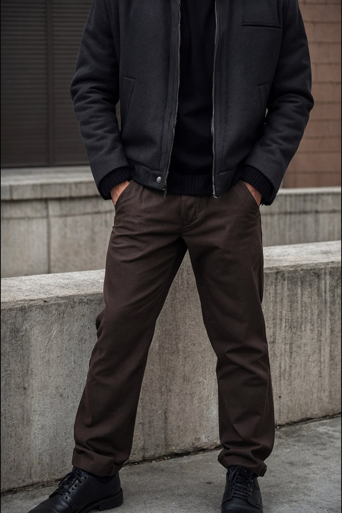 Textured Dark Jacket and Brown Trousers