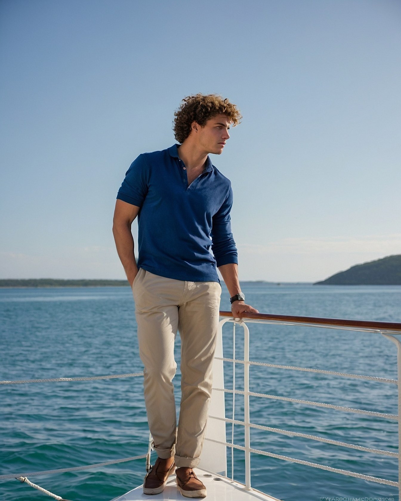 A deep blue polo against a bright sky