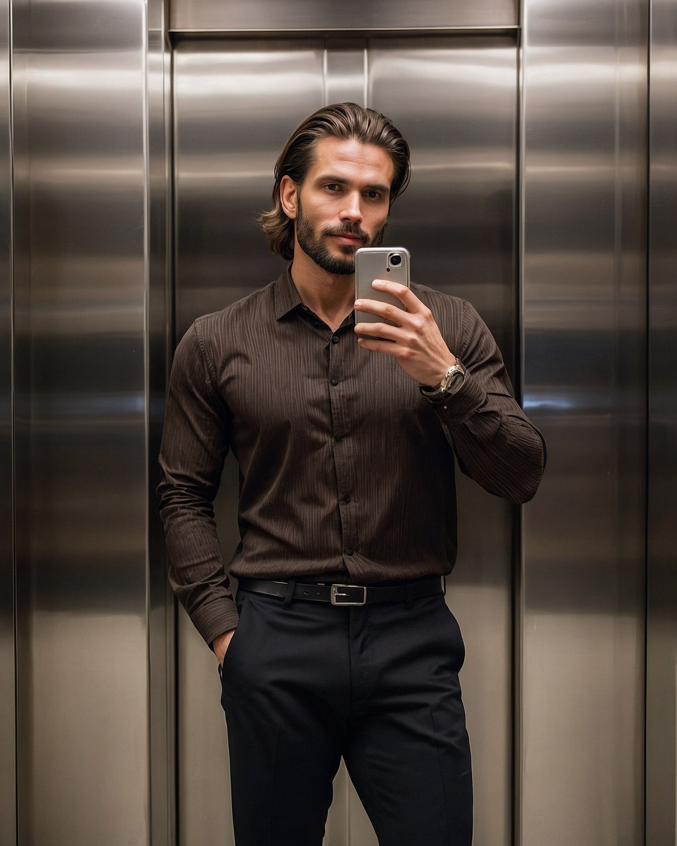 Polished Elevator Selfie in a Pinstripe Shirt