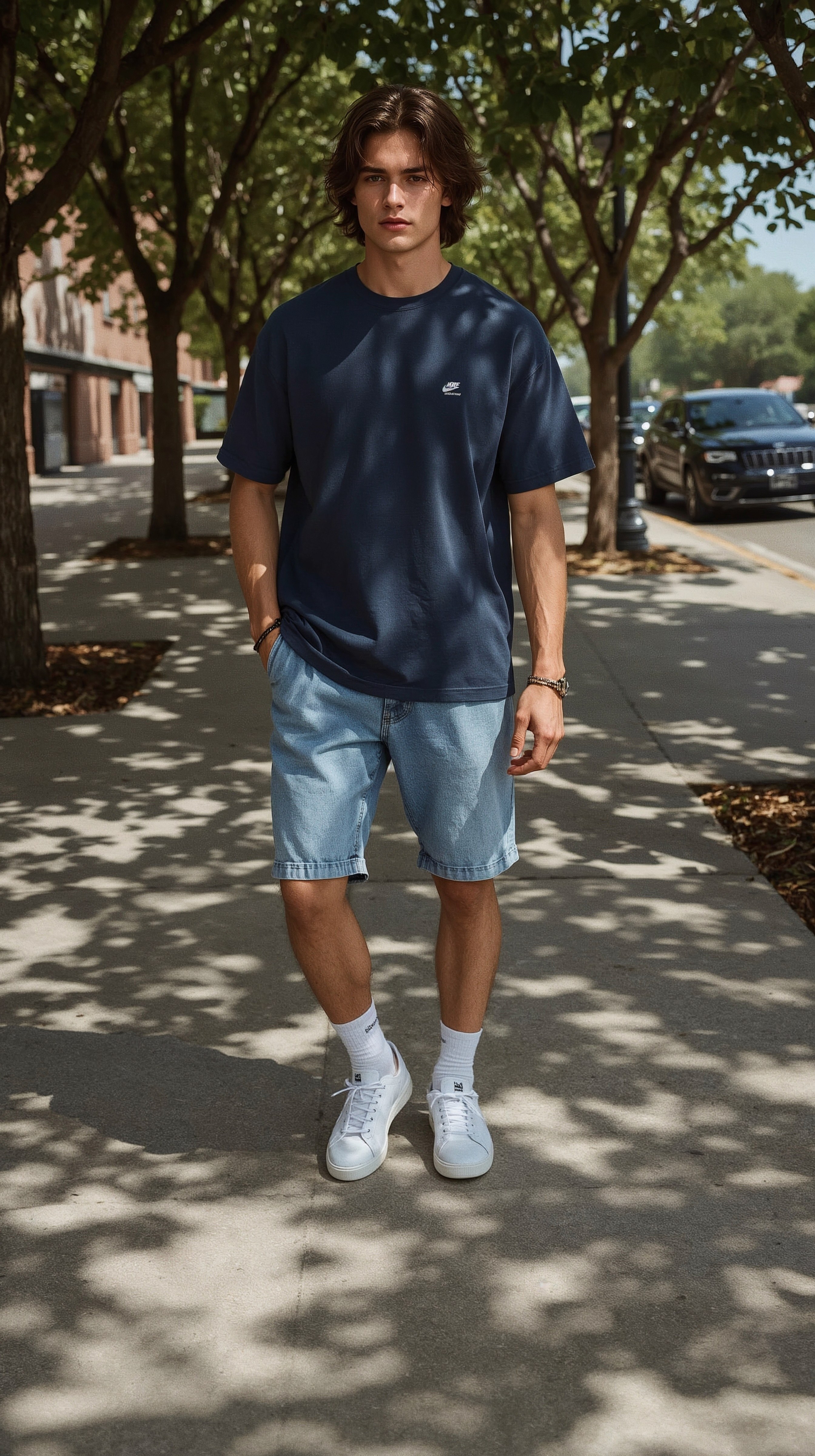 Navy tee meets light wash denim shorts