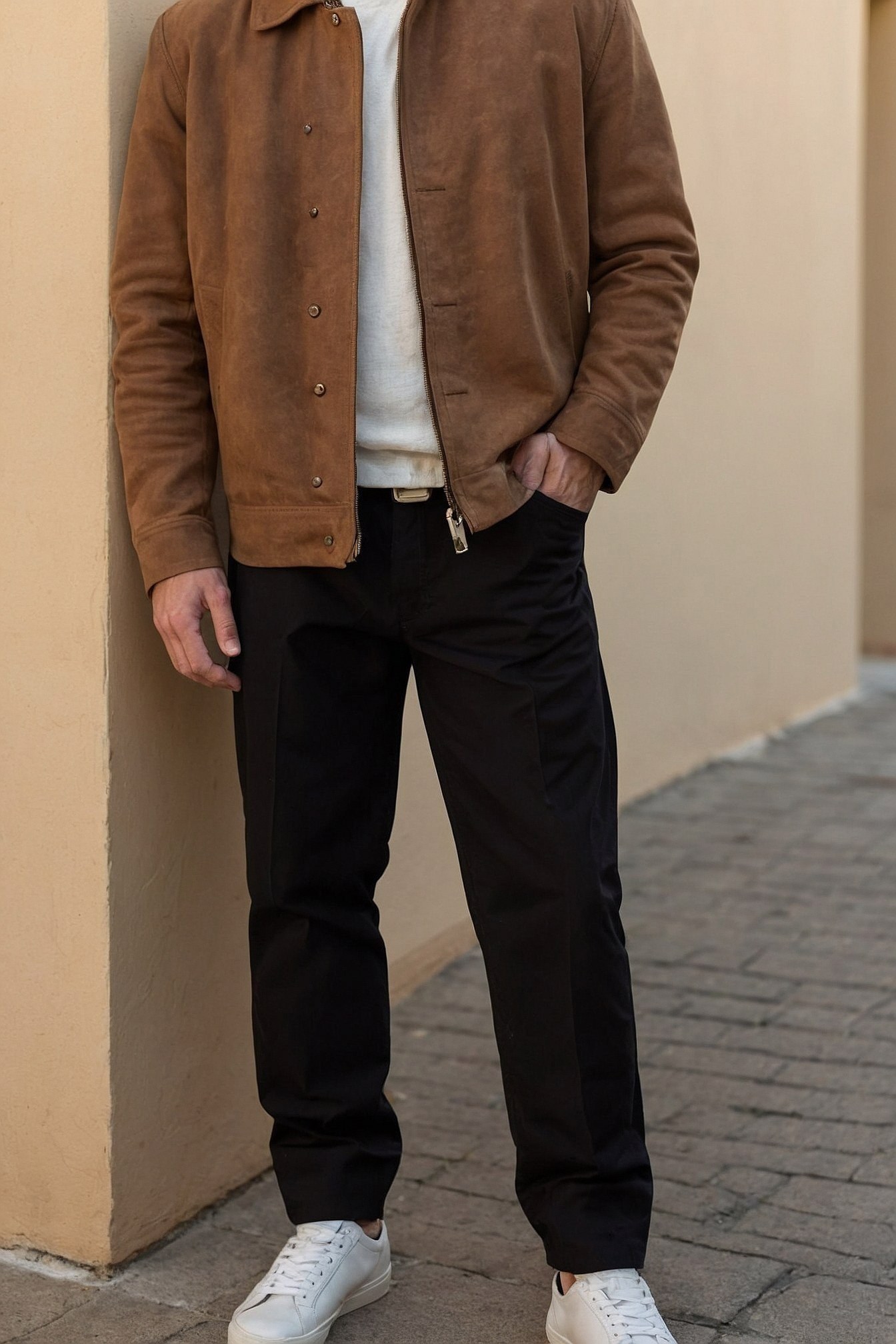Suede Jacket Over a Textured Knit