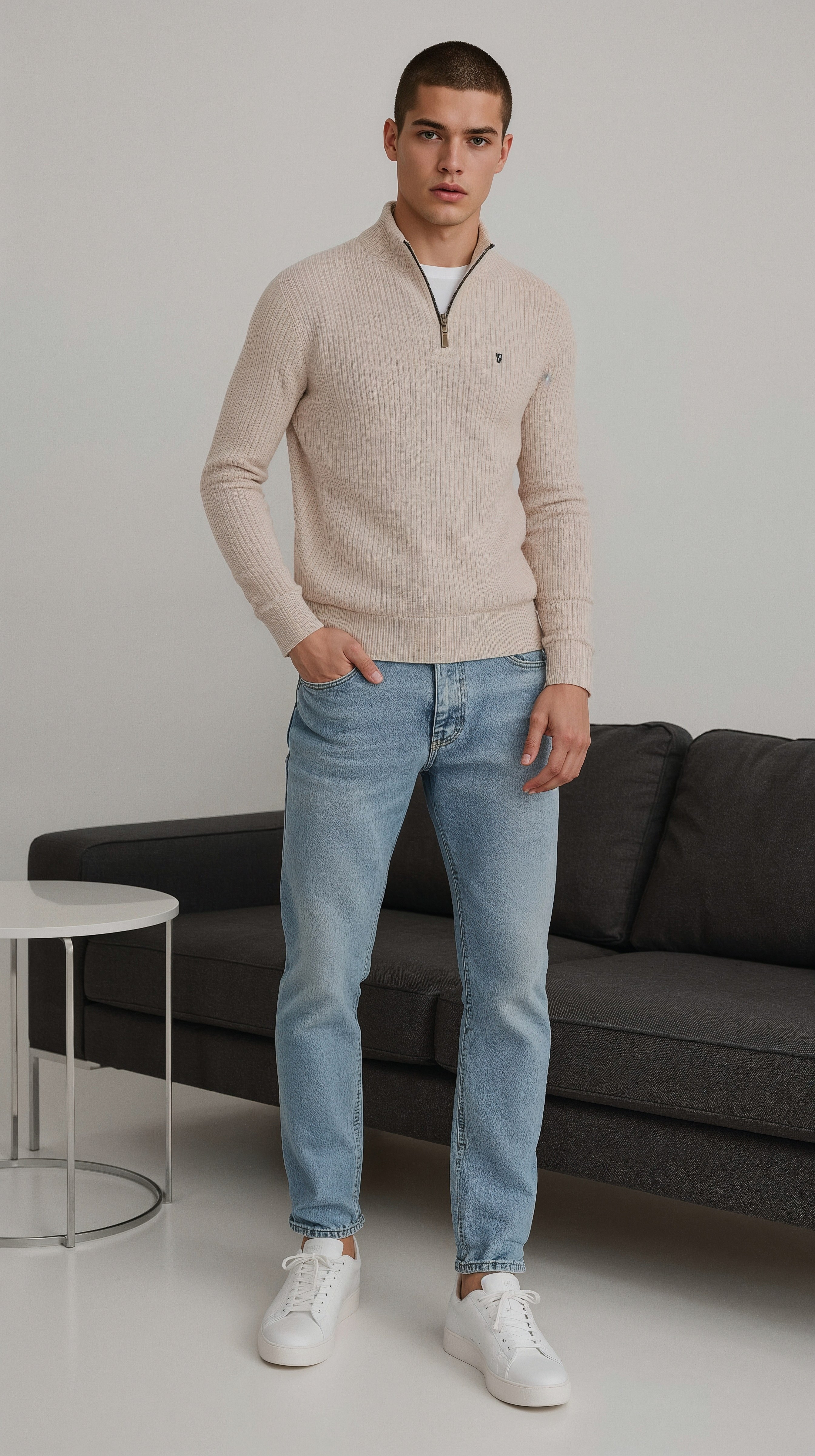 Textured knit meets faded denim