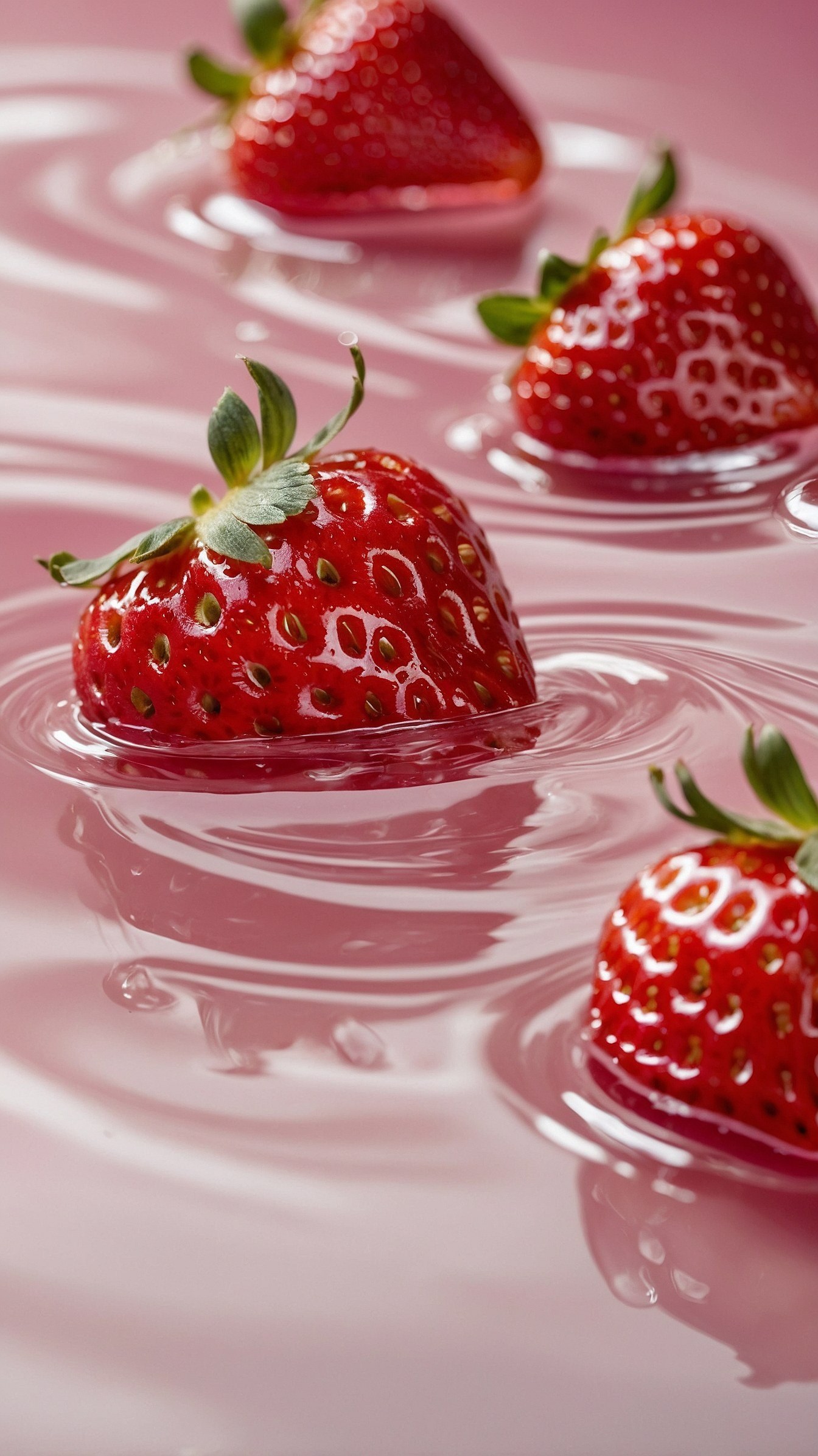 Juicy Strawberries in Swirling Pink Liquid
