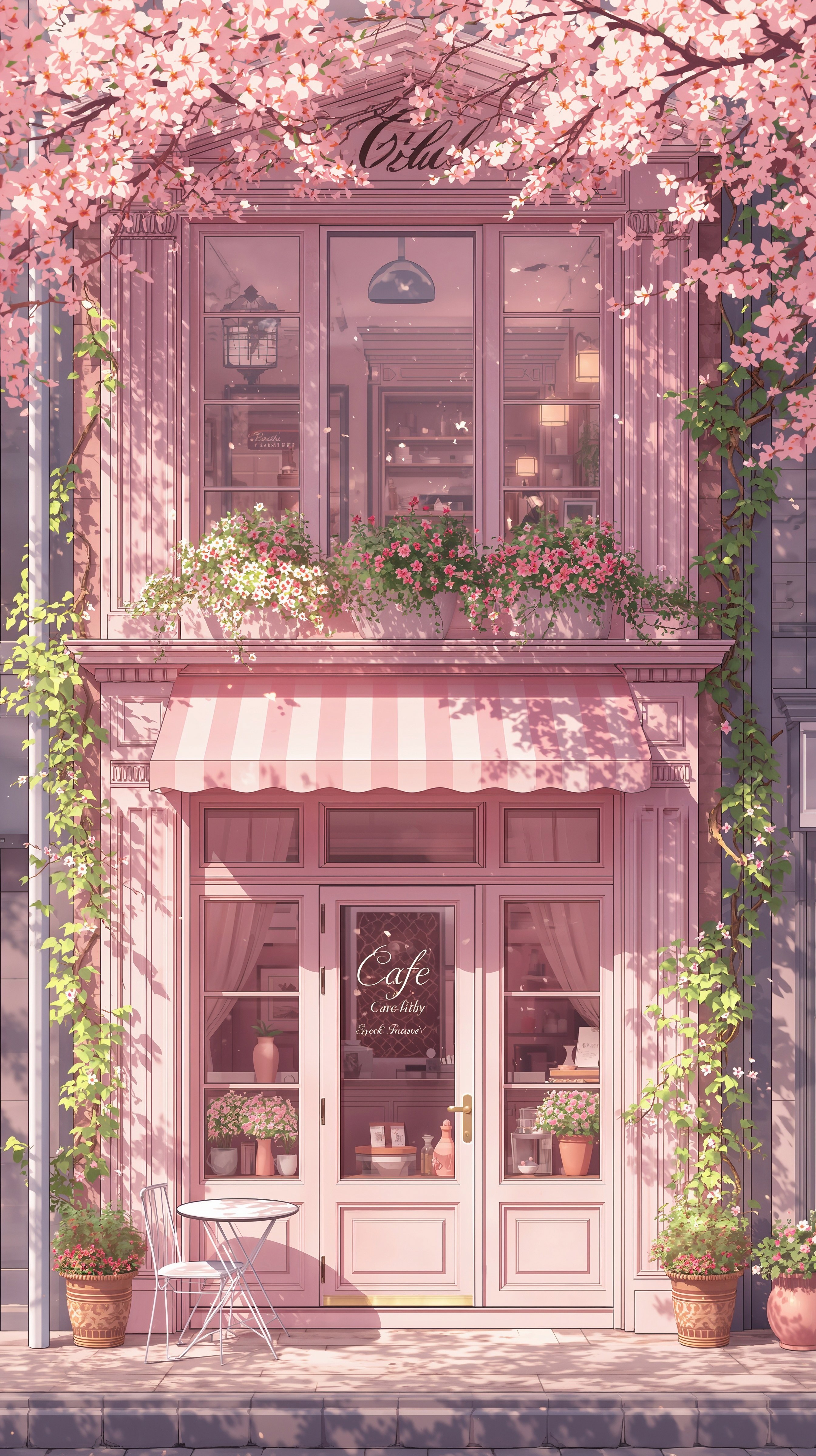 A blush pink cafe facade blooms with cherry blossoms