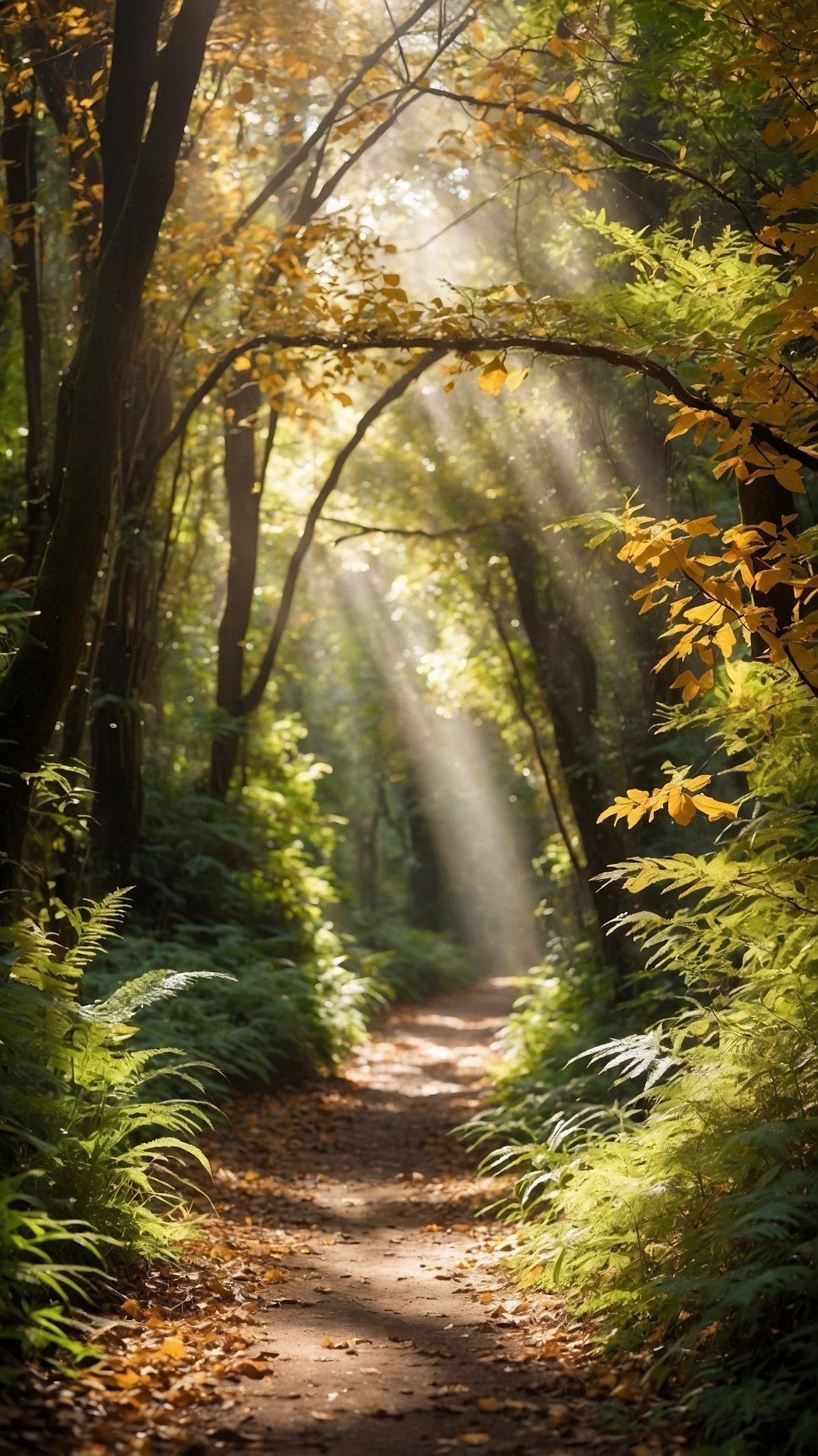 Sunlight shafts pierce the autumn woods