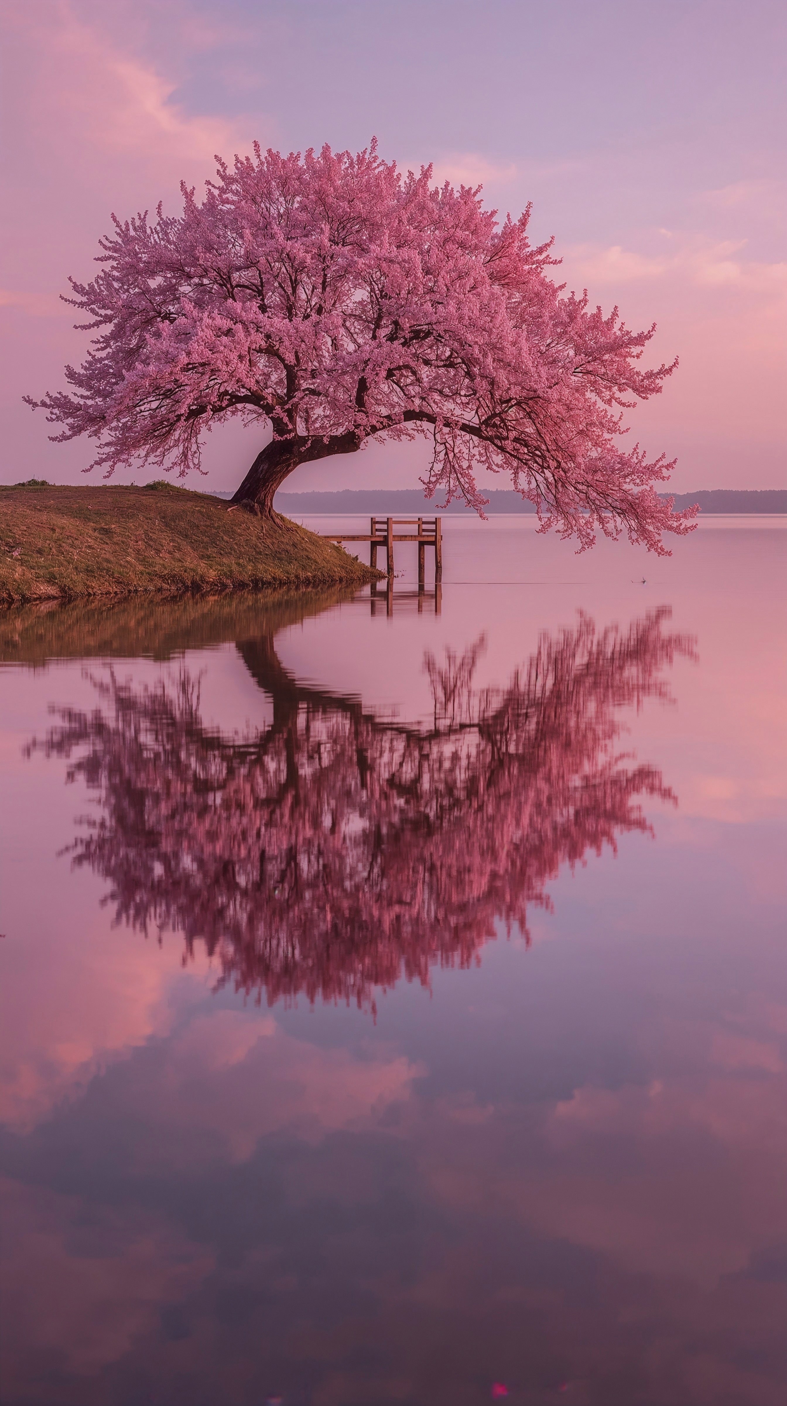 Pink Blossom Reflection on Calm Water