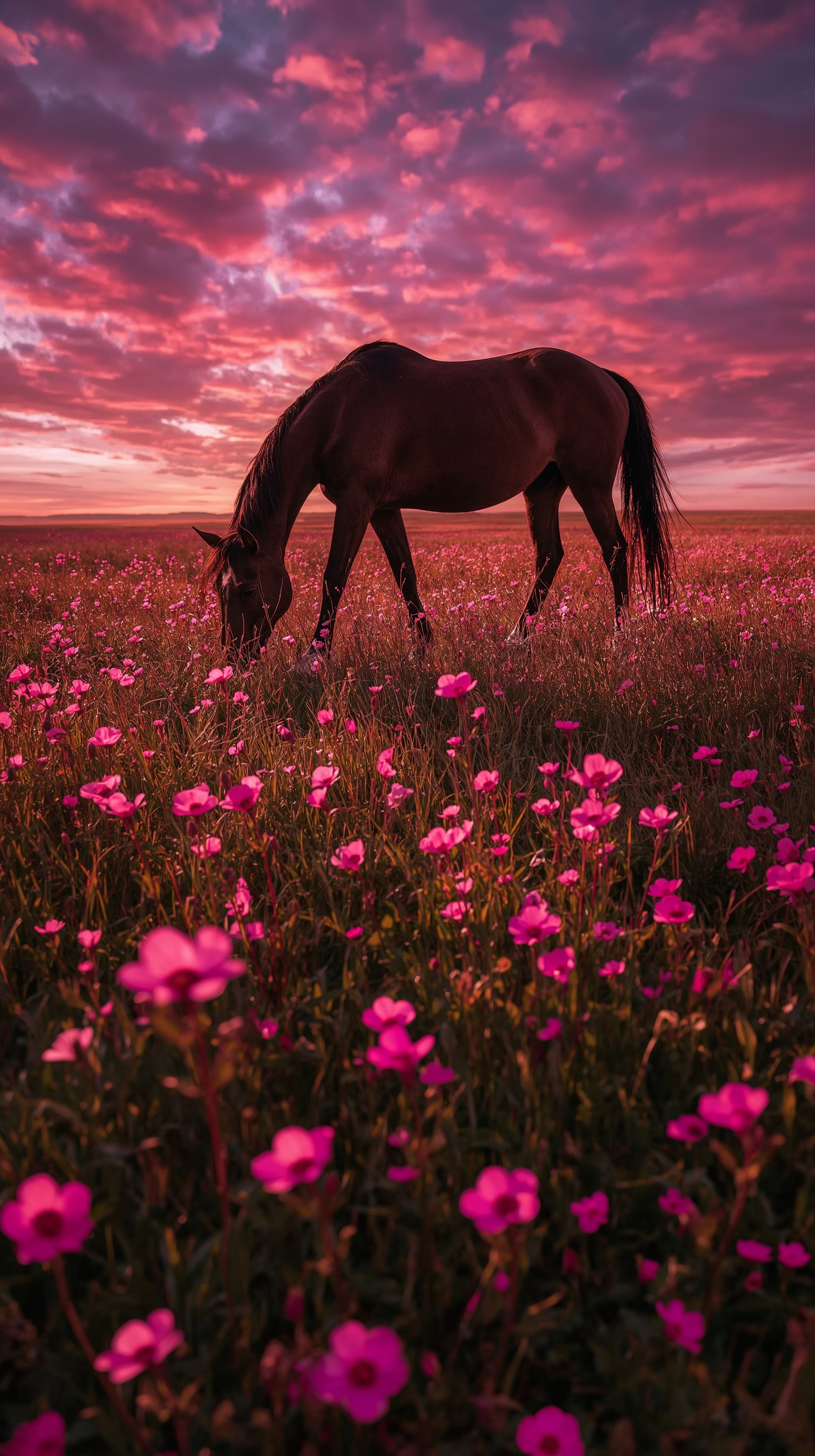 Crimson sky over a horse grazing in a field of pink flowers