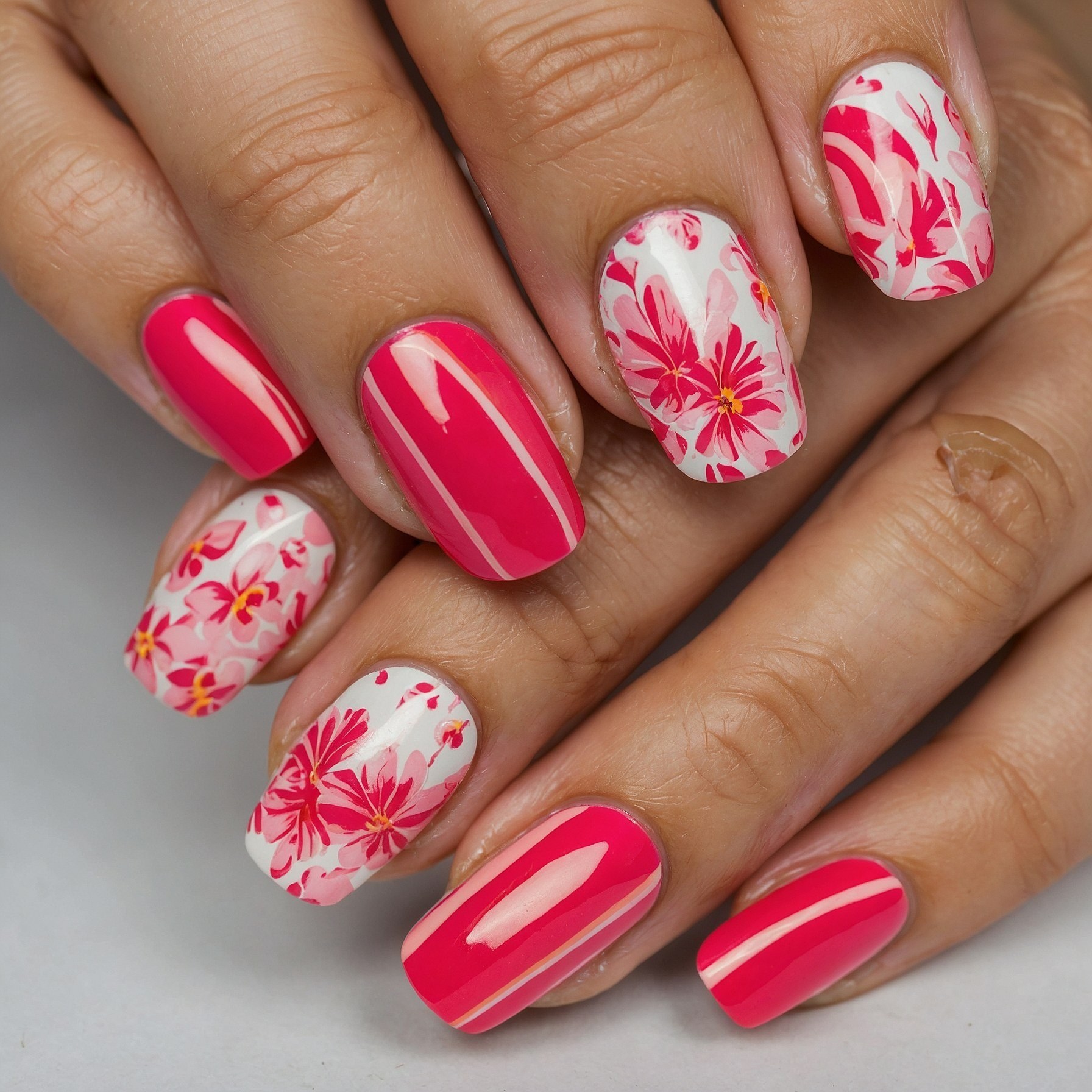 Close-up of Floral and Striped Pink Nails