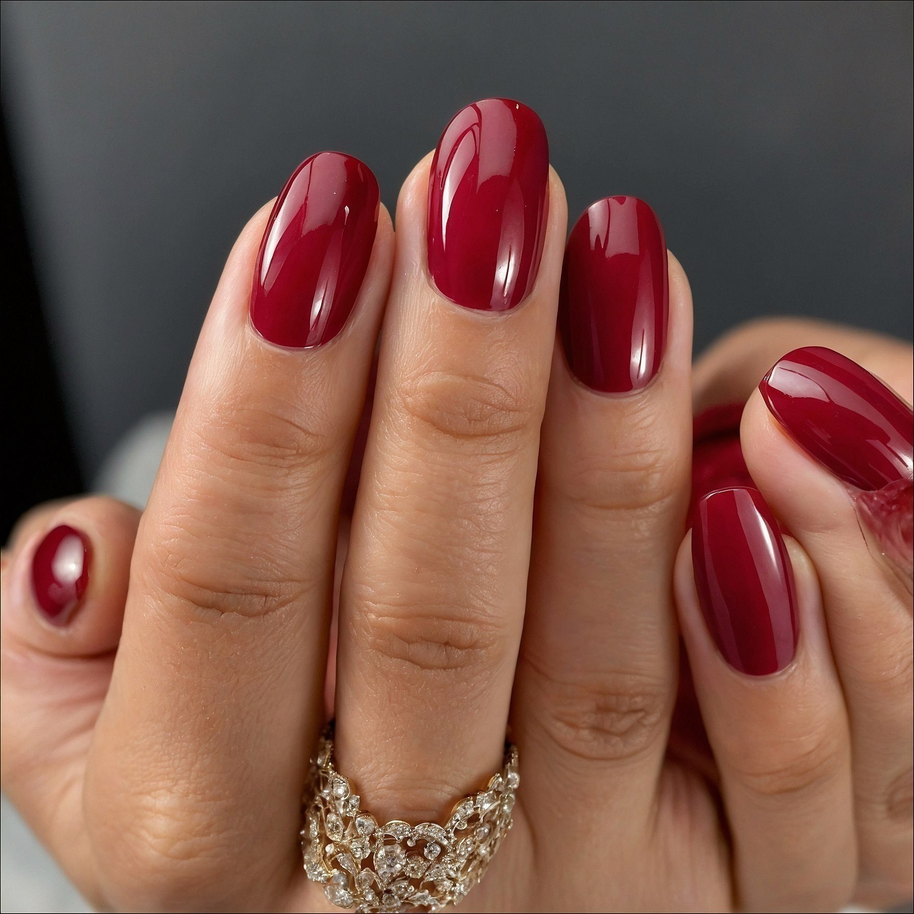 Glossy Cranberry Hues on Oval Nails