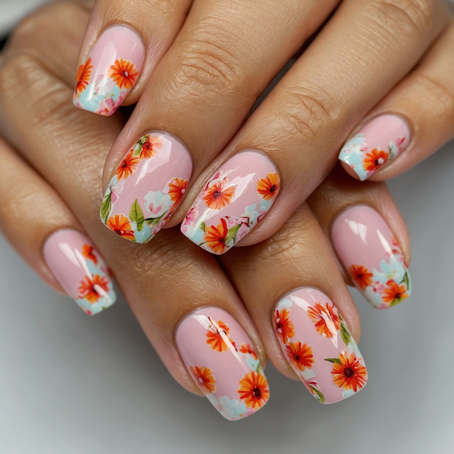 Soft pink background with delicate floral accents
