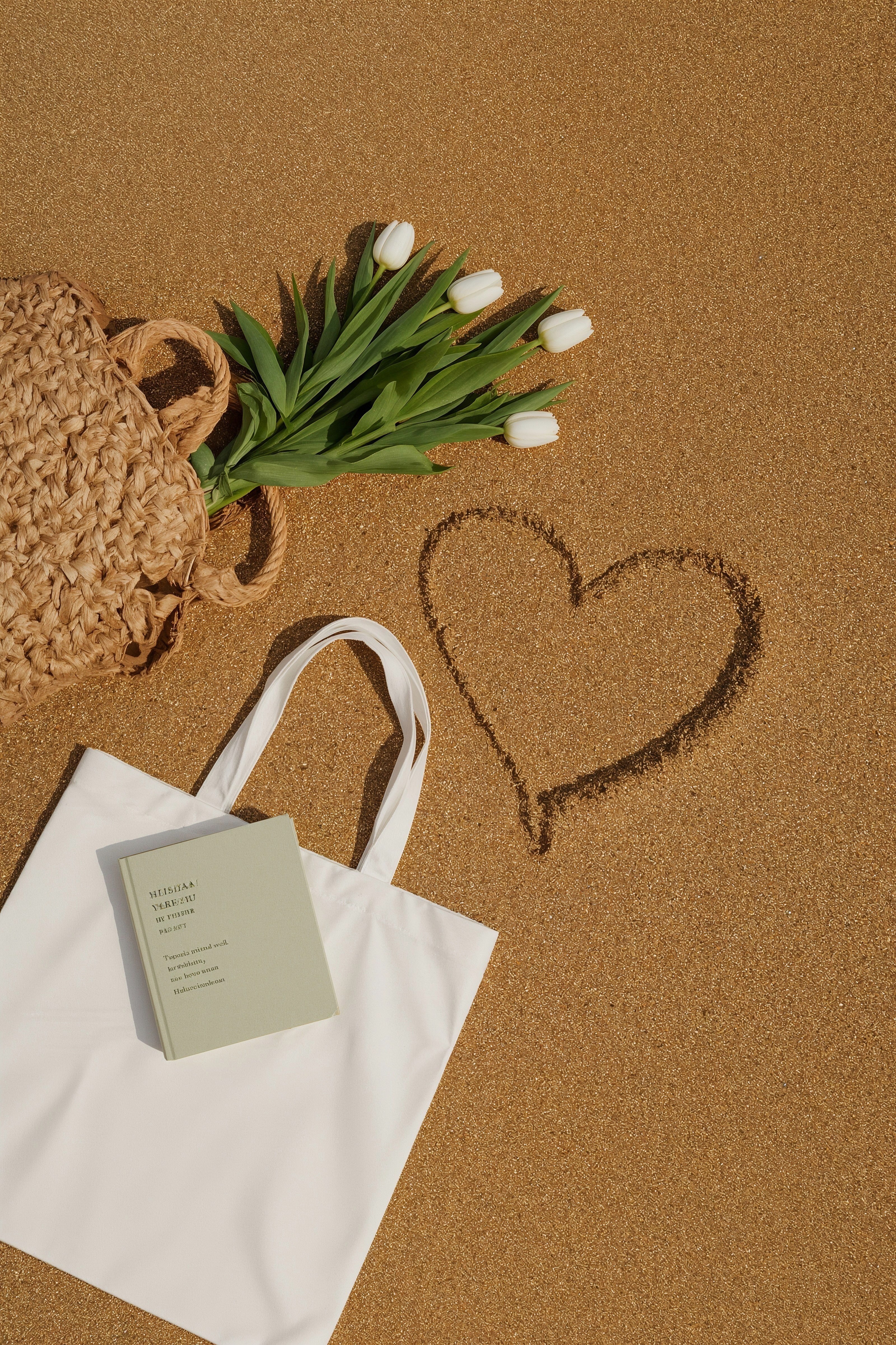 Sandy shore heart with tulips and tote
